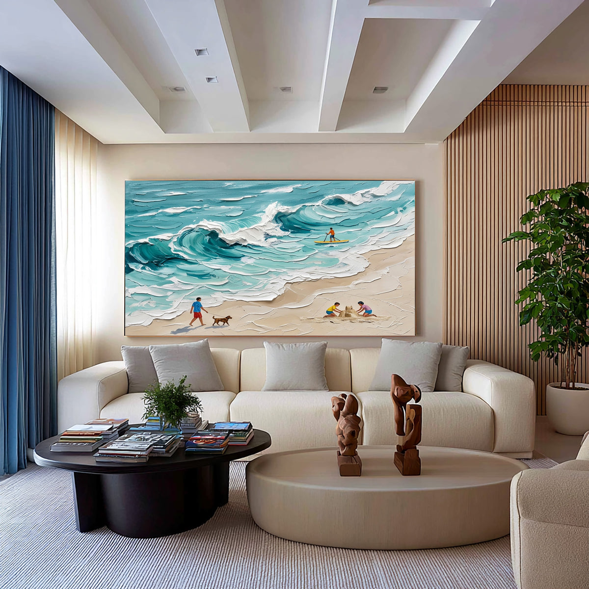 Large Textured Oil Painting Turquoise Ocean Waves Beach Family Coastal Wall Art