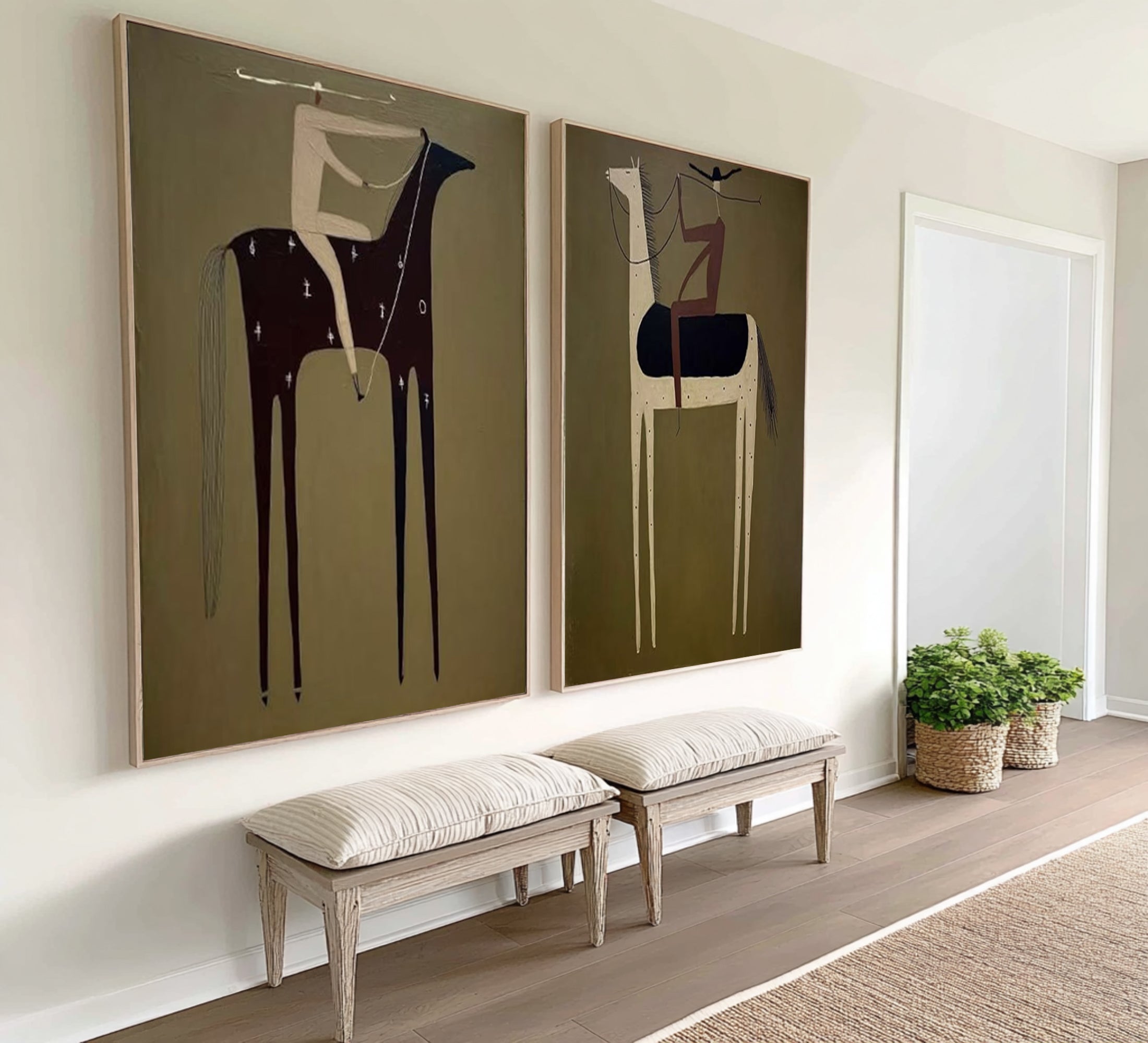 Large Contemporary Equestrian Wall Art Neutral Horse Painting Set