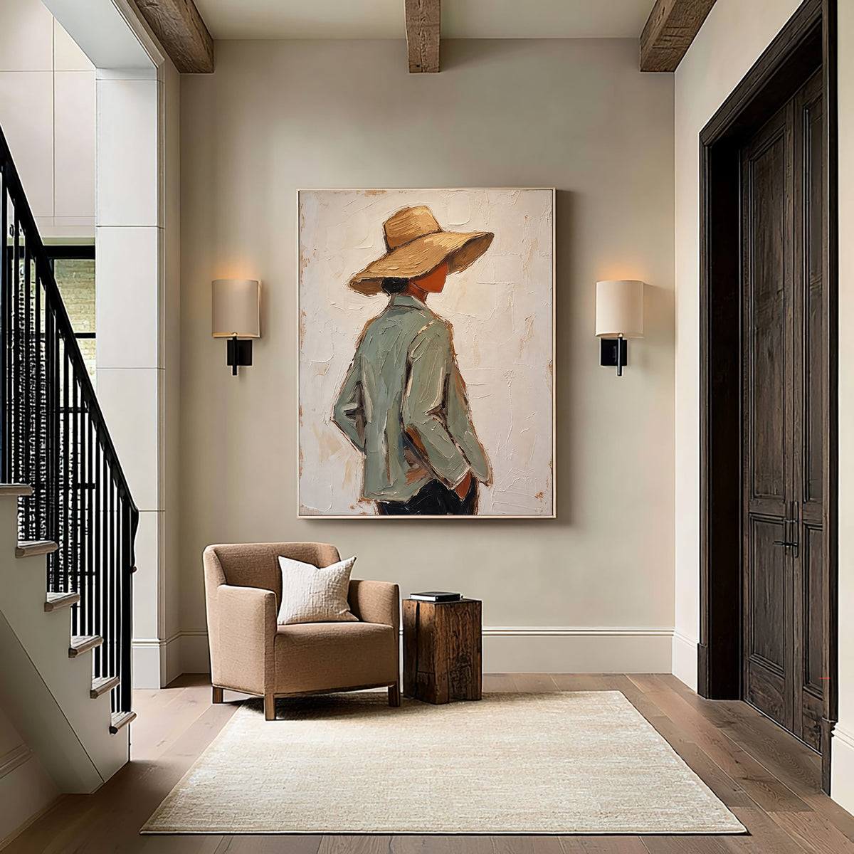 Textured Woman Portrait Sage Green Jacket Straw Hat Painting