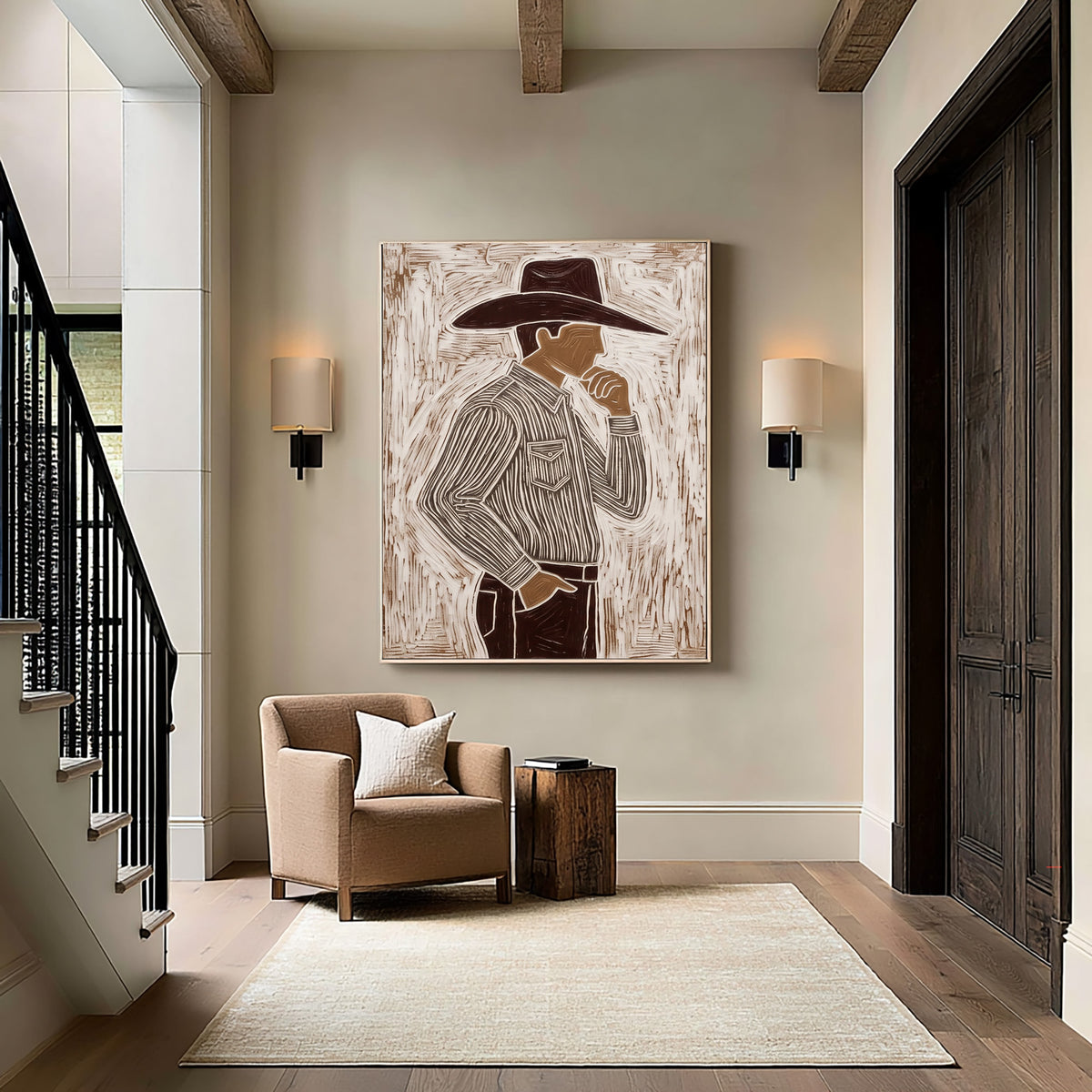 The Man Beneath the Brim Western Cowboy Painting Contemporary Figurative Hand Painted Wall Art