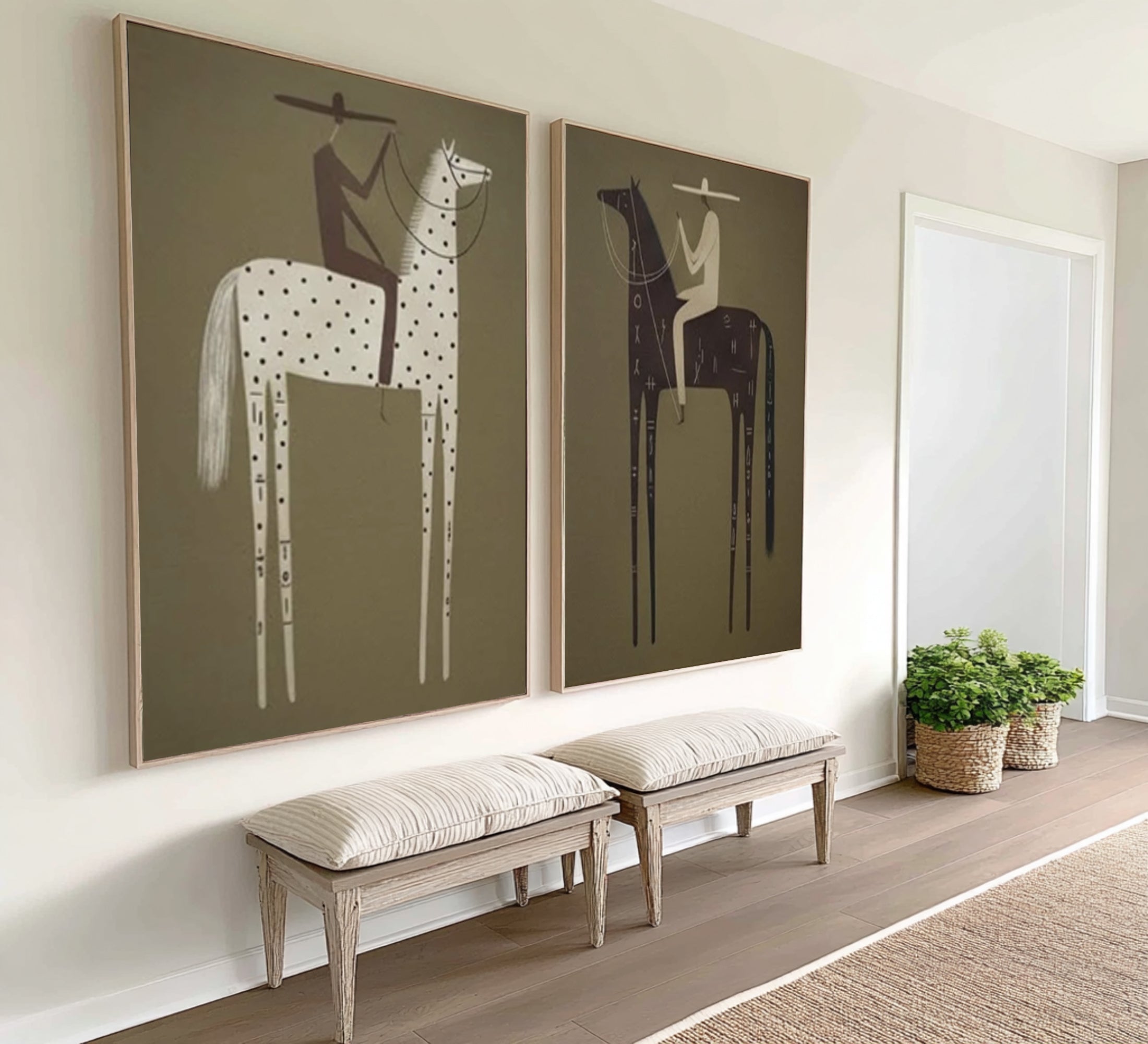 Large Tribal Horse Rider Wall Art Contemporary Abstract Equestrian Diptych