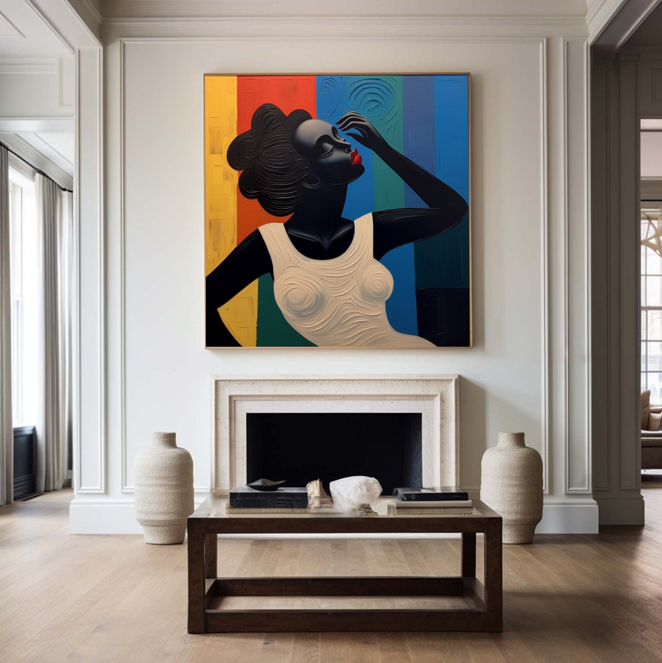 Stylized Figure Against Textured Color Blocks, Portrait Art #BGA 157