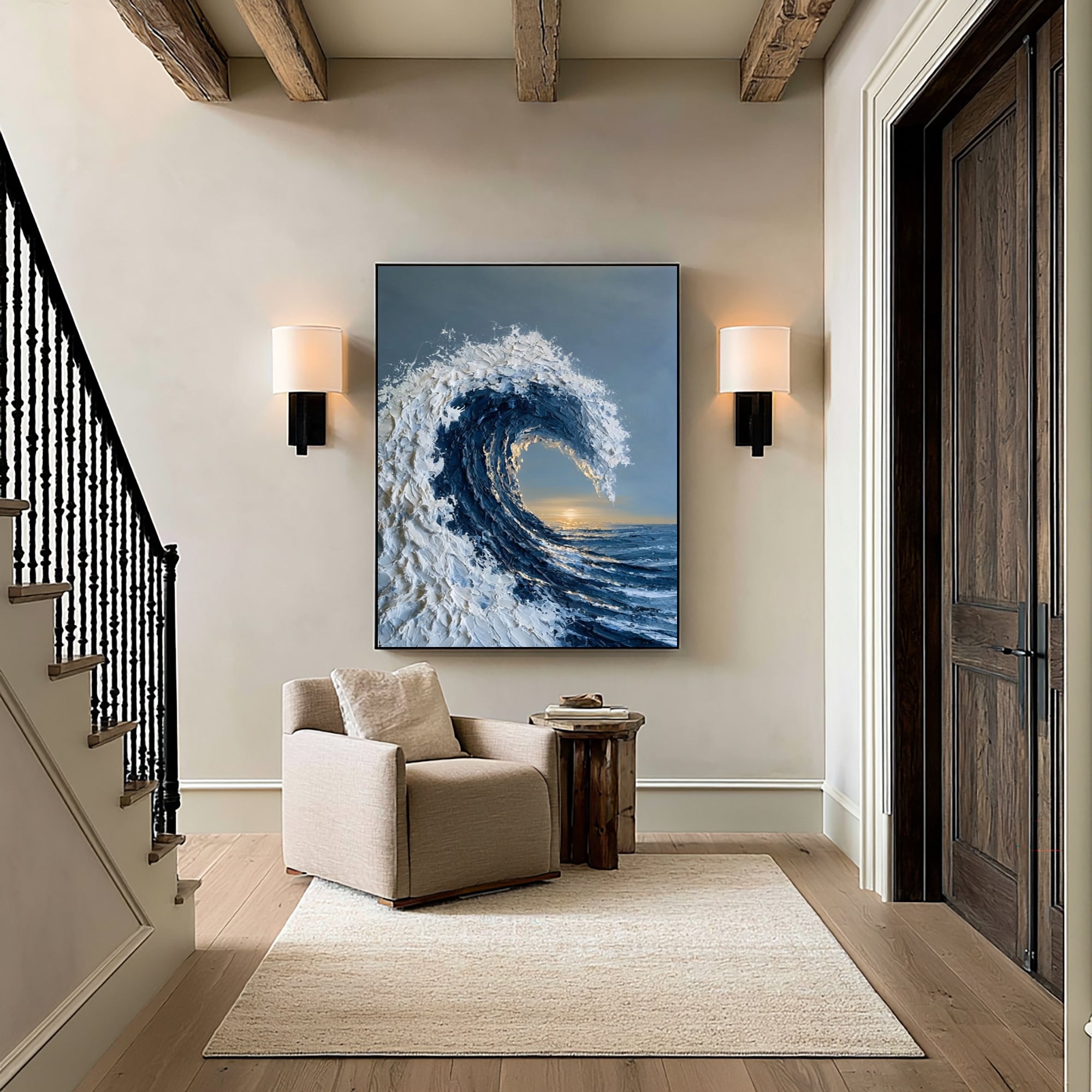 Large Gallery Style Ocean Wave Wall Art Textured Oil Painting Coastal Seascape Cowboy Cowgirl Inspired Vintage Americana Artwork Luxury Decor