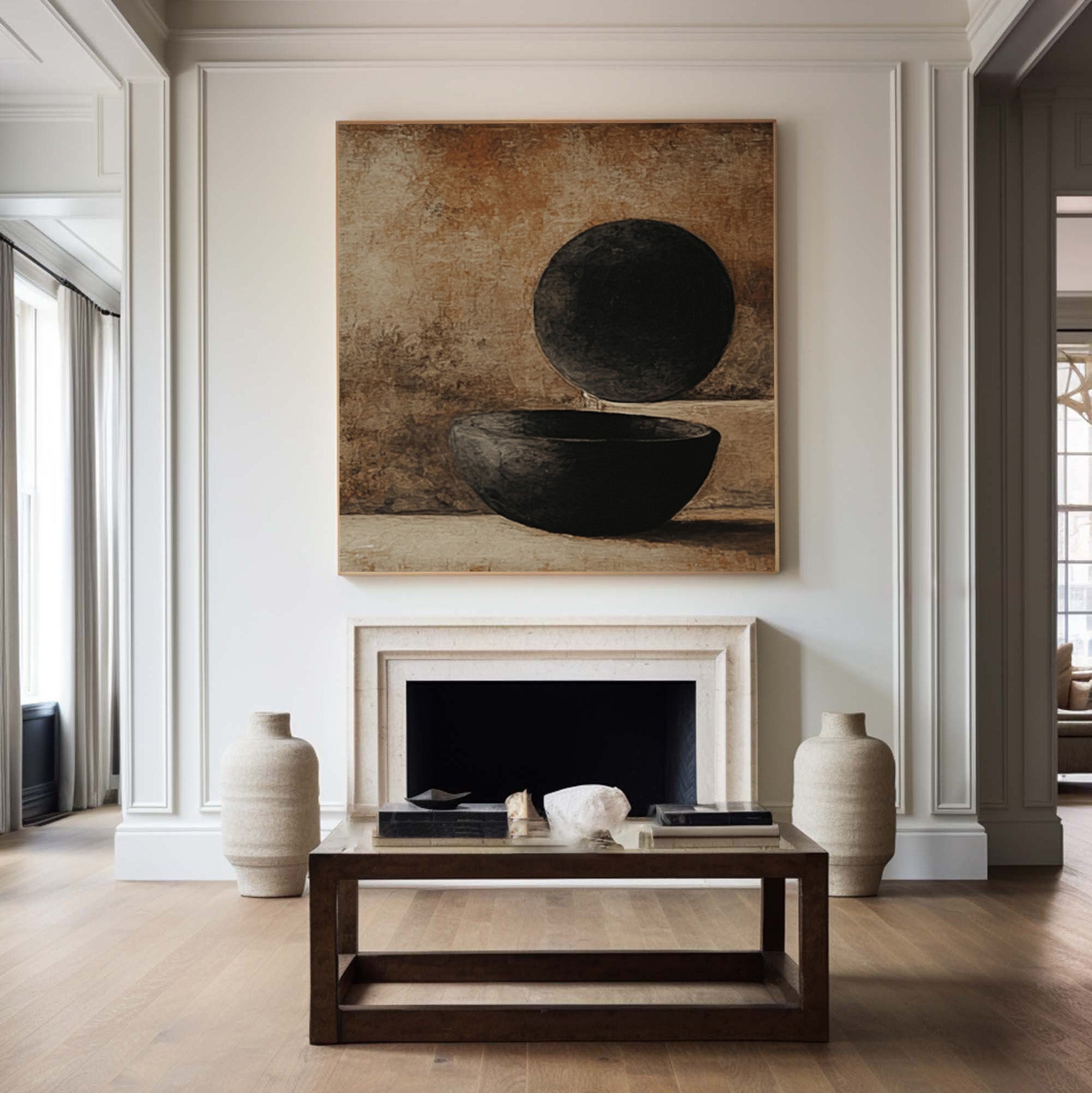 Minimalist Art with Dark Geometric Forms on Textured Canvas #BGA 193