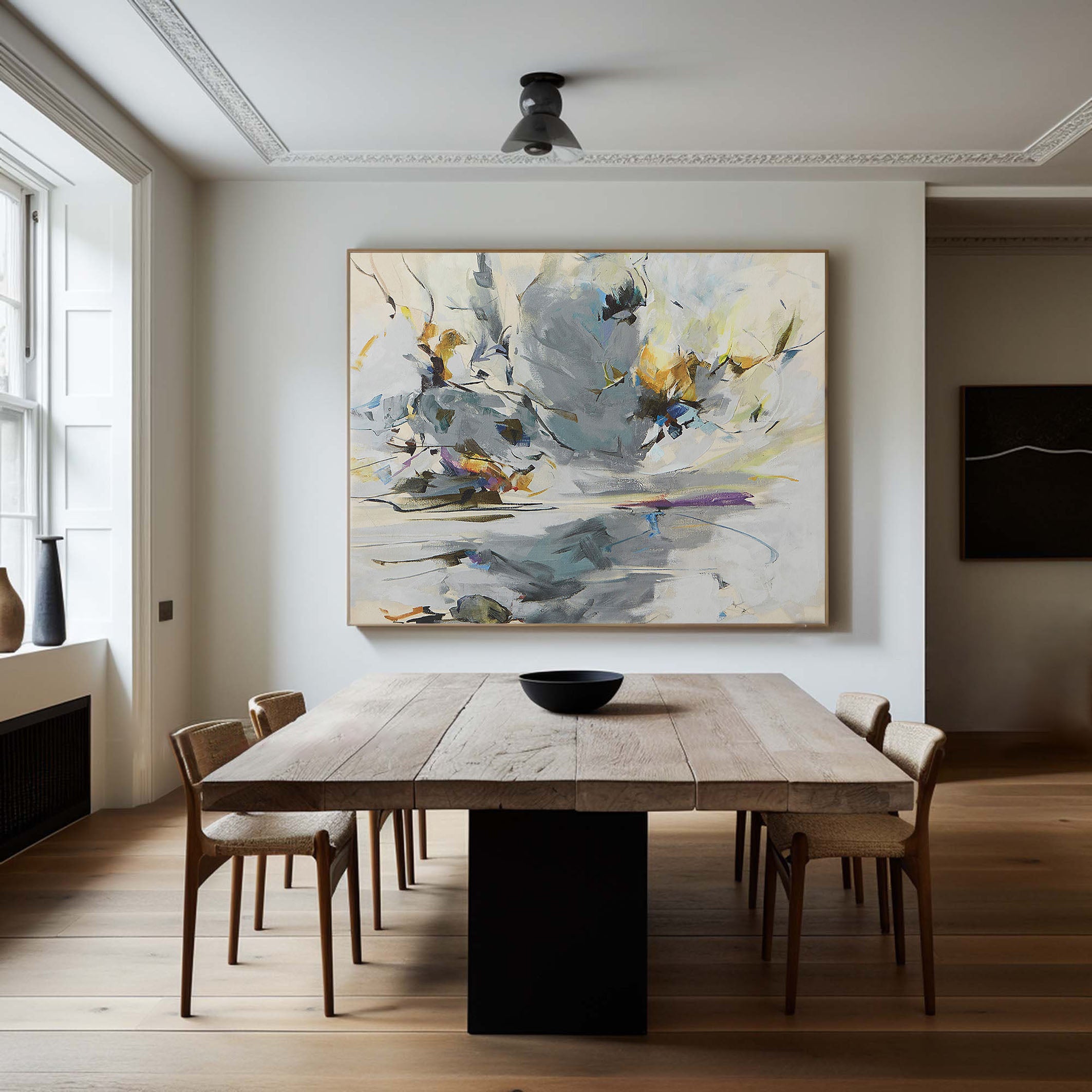 Abstract with Horizontal Lines and Cloudy Forms, Gray Canvas #BGA 054