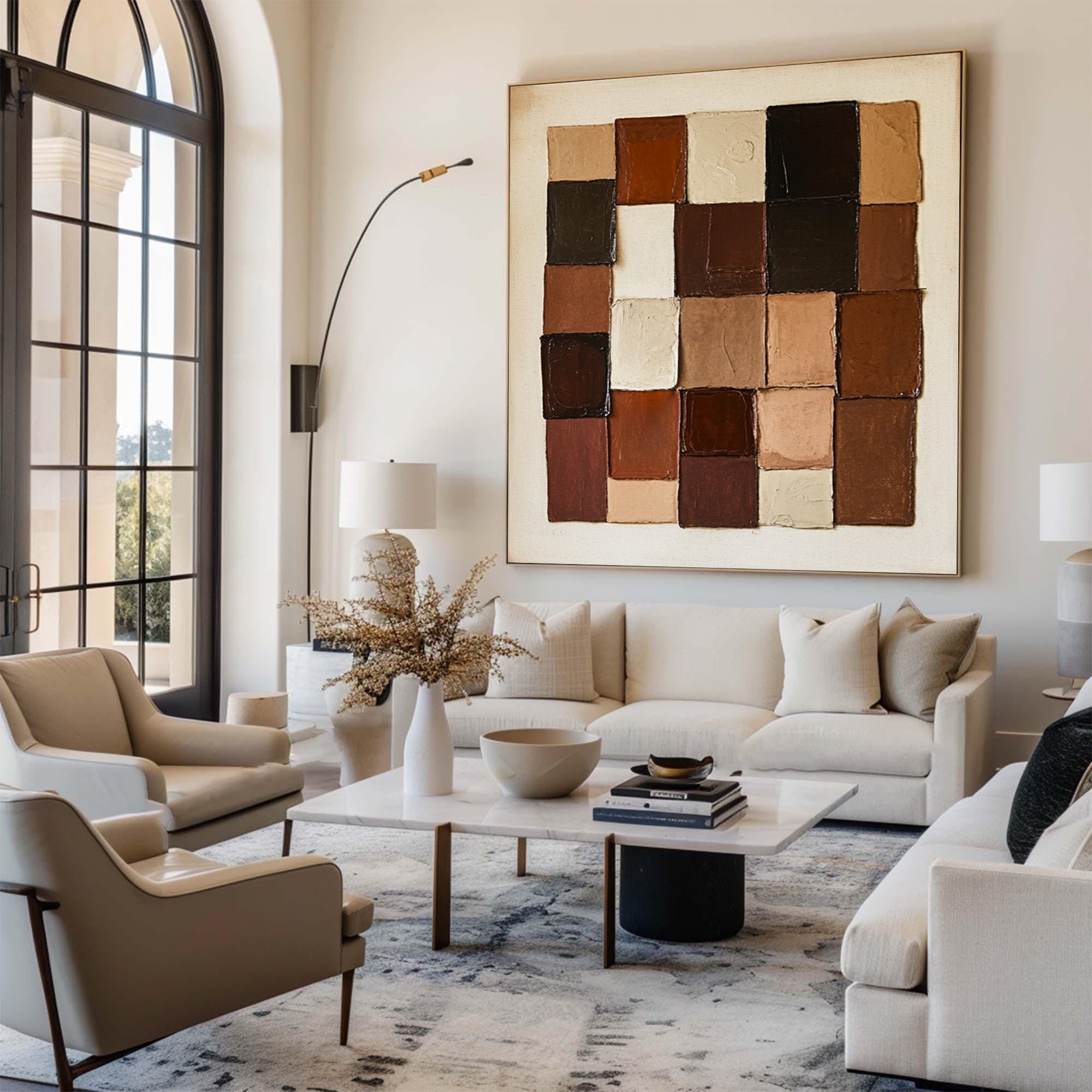 Large Abstract Oil Painting Geometric Blocks, Earth Tone Wall Art for Entryway Decor | ArtvistaGallery #WAB 010