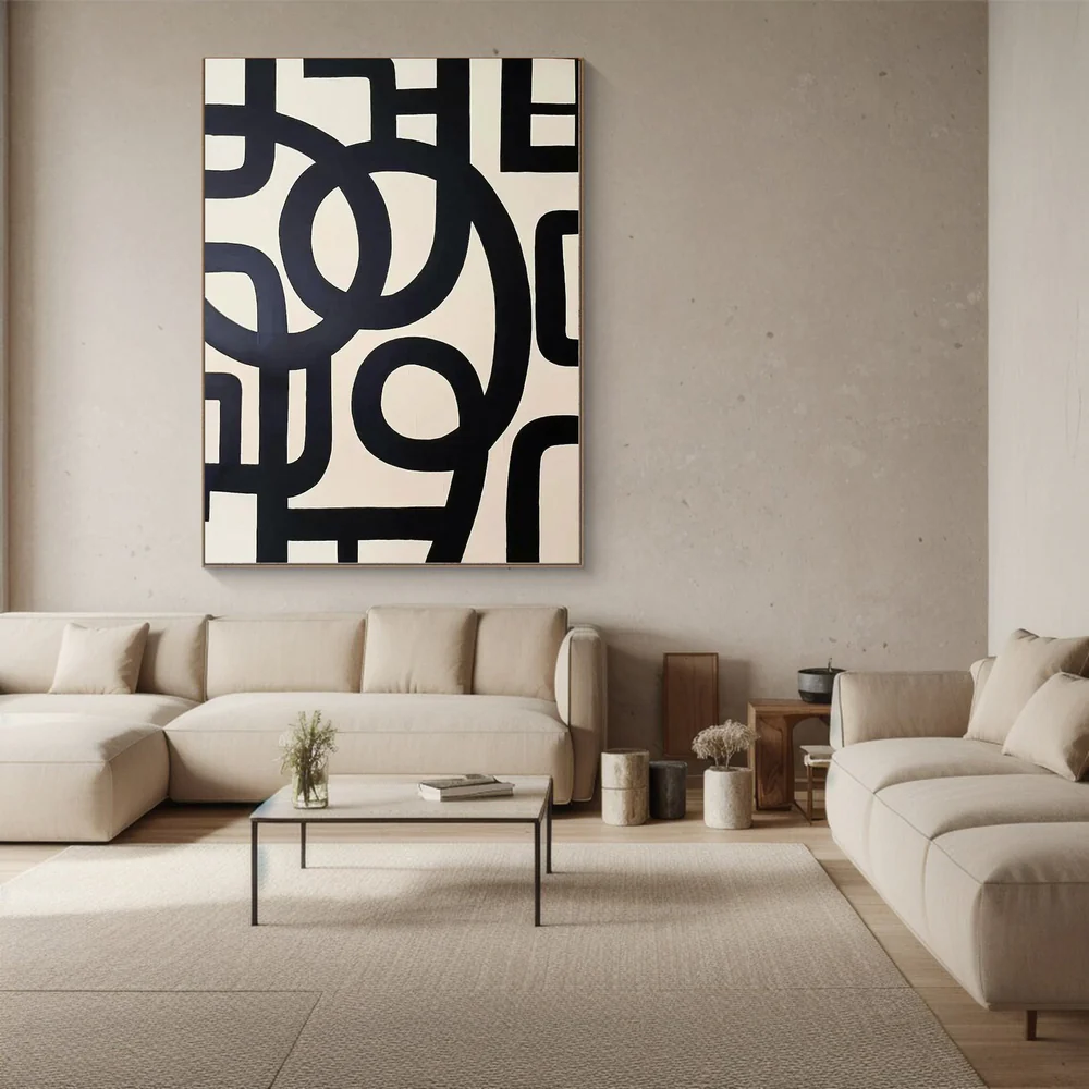 Large Abstract Oil Painting Black and White, Modern Geometric Wall Art for Living Room | ArtvistaGallery #WAB-031