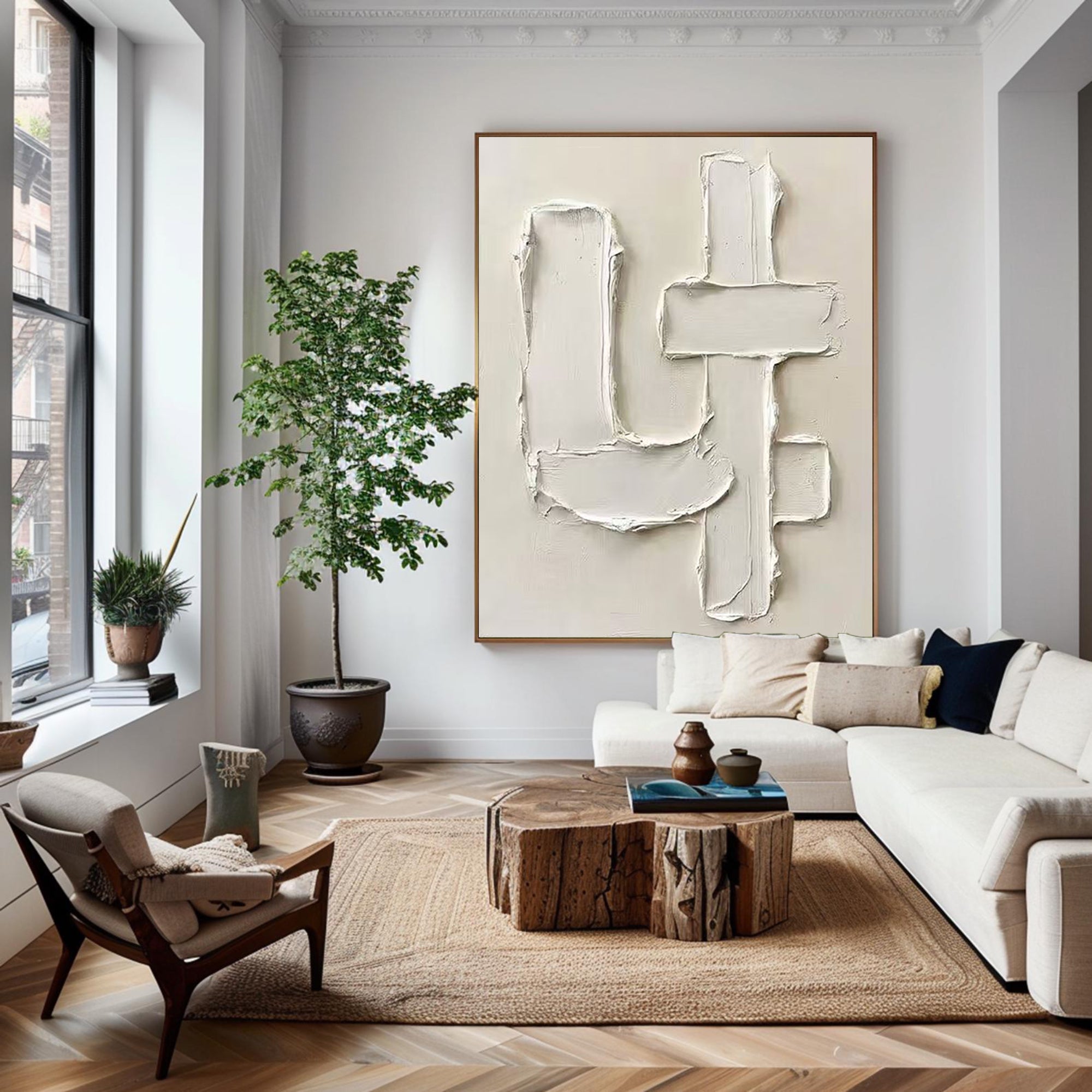 Large Neutral Relief Canvas Art with Modern Geometric Texture Design