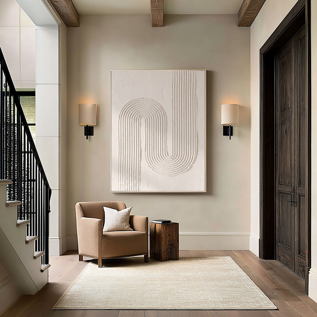 Continuous Lines Sculptural Minimalist Wall Artwork Handmade Textured Abstract Painting Neutral Modern Decor