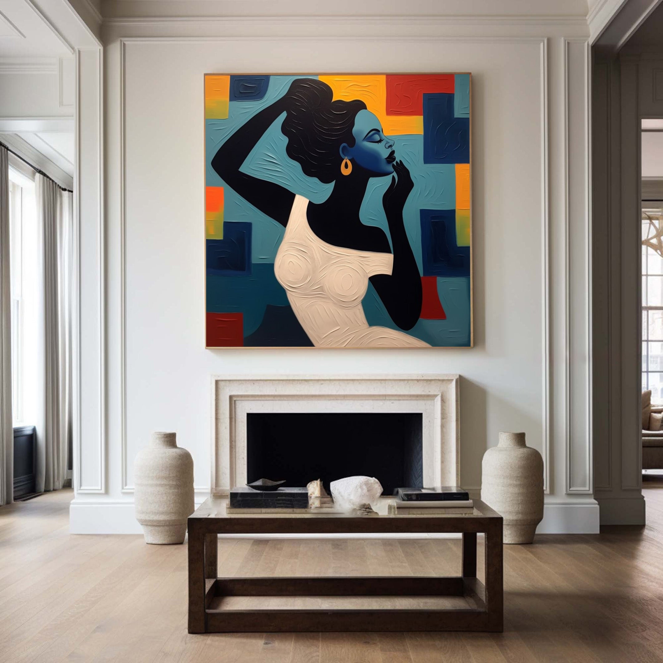 Textured Portrait with Bold Color Geometry, Modern Wall Art #BGA 170