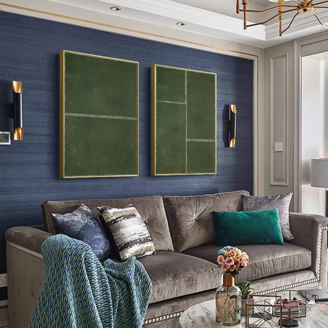 Modern Green Geometric Art, Textured Minimalist Set Of 2 #BGA 082