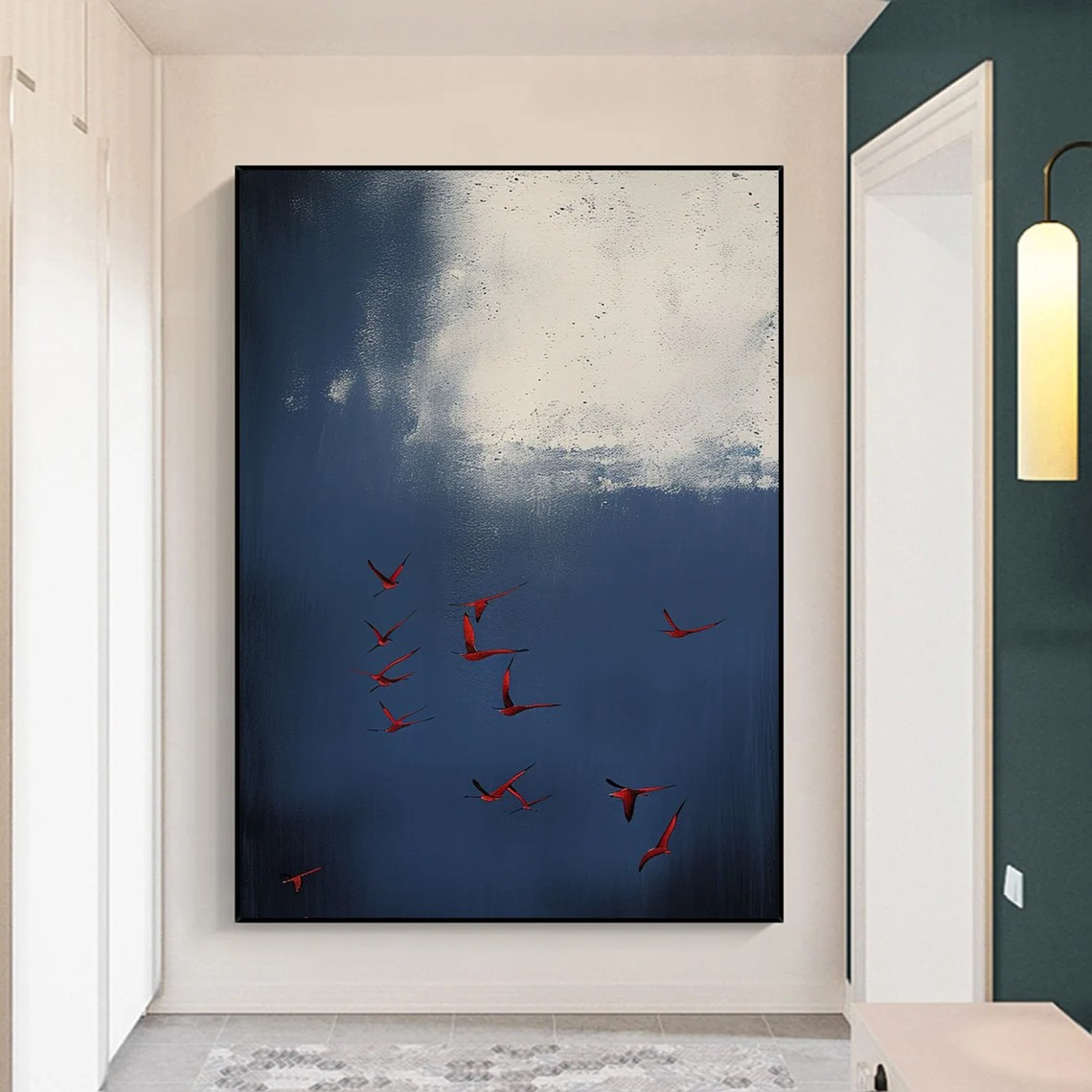 Surreal Blue Sky With Red Birds Canvas, Contemporary Wall Art #BGA 087