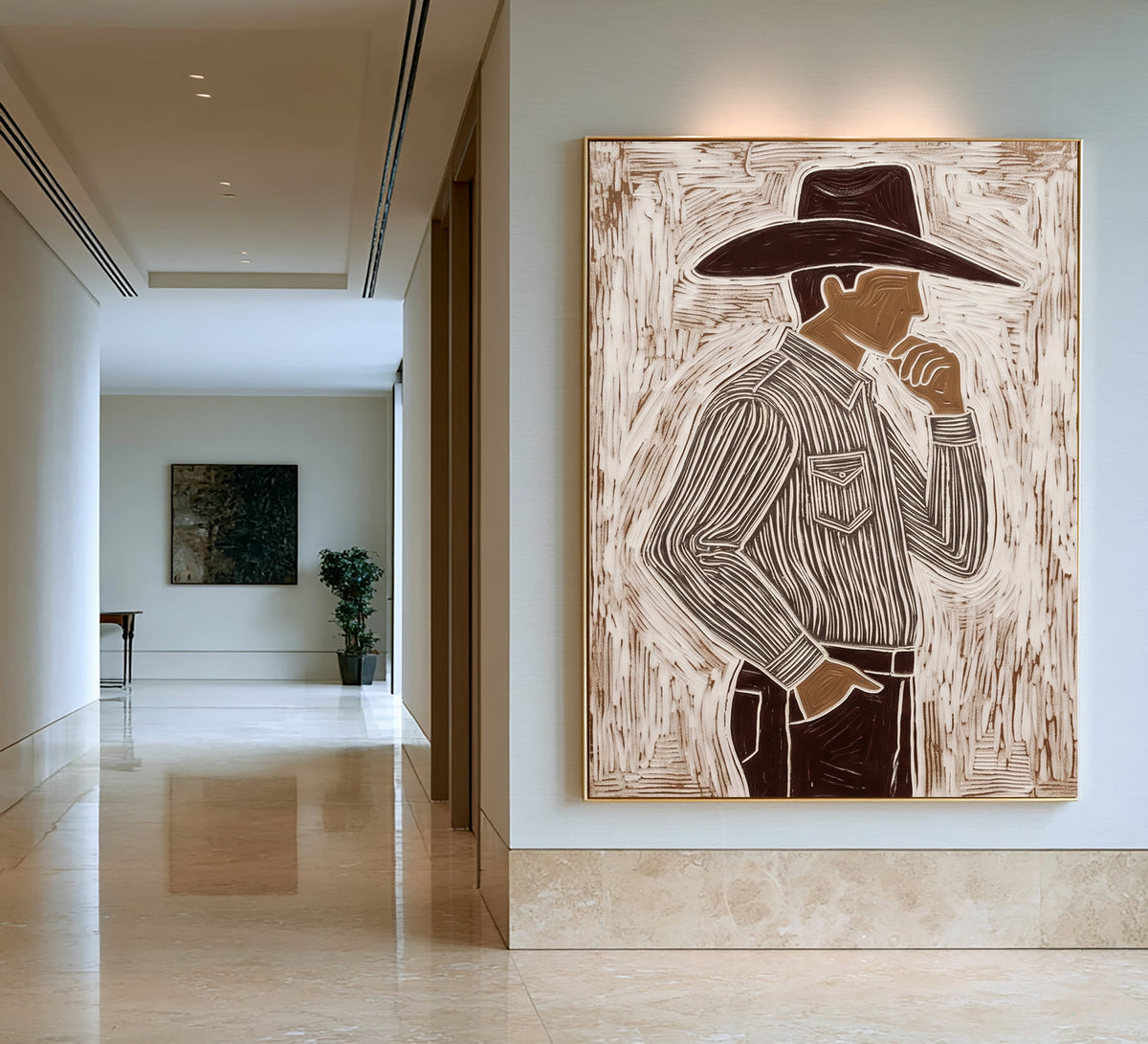 The Man Beneath the Brim Western Cowboy Painting Contemporary Figurative Hand Painted Wall Art