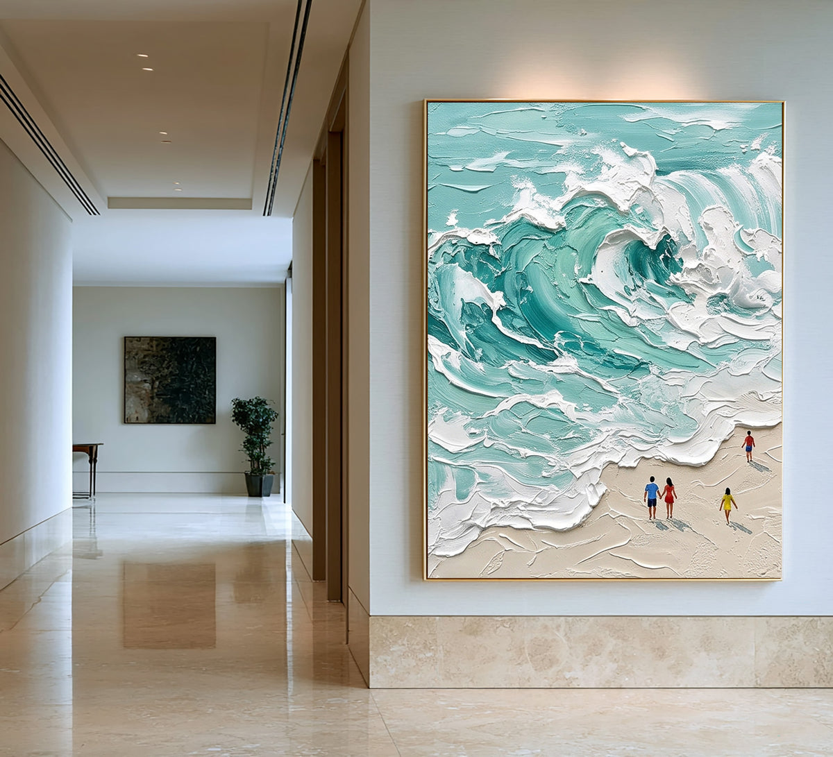 Large Minimal Turquoise Ocean Wave Wall Art Textured Oil Painting Coastal Seascape Beach House Artwork Modern Home Decor