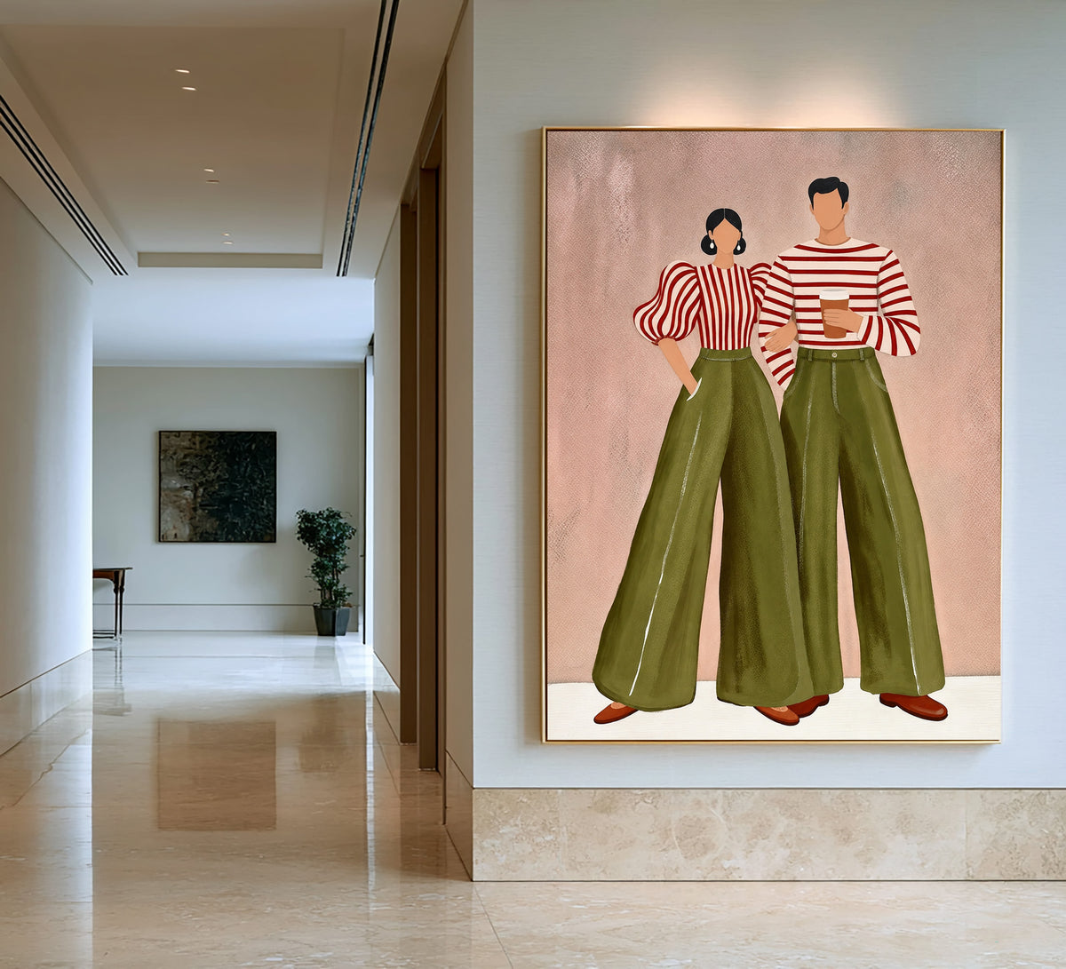 Contemporary Fashion Couple Painting Green Pants Striped Tops Wall Art