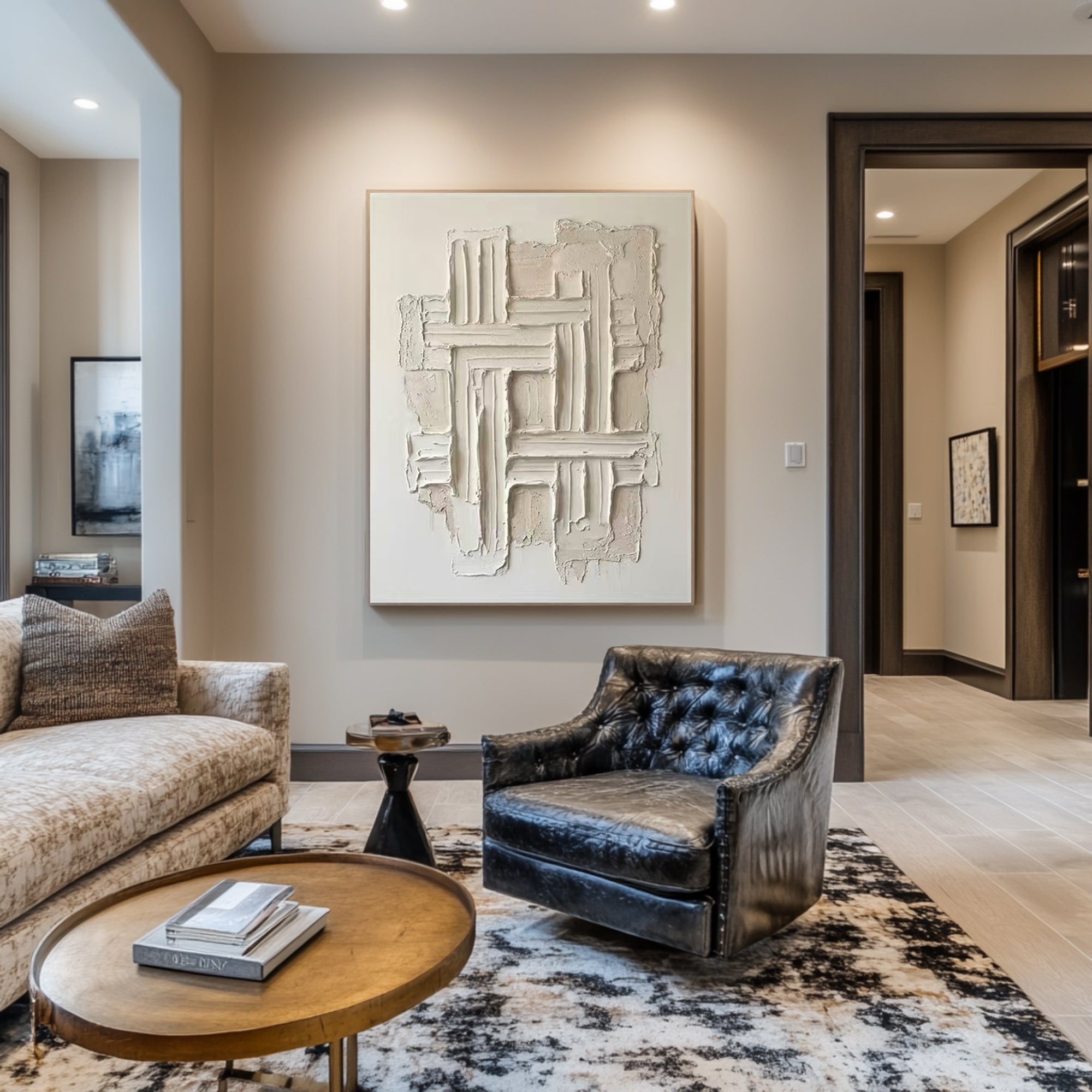 Large Hand Painted Neutral Oil Painting with Textured Geometric Wall Art Design