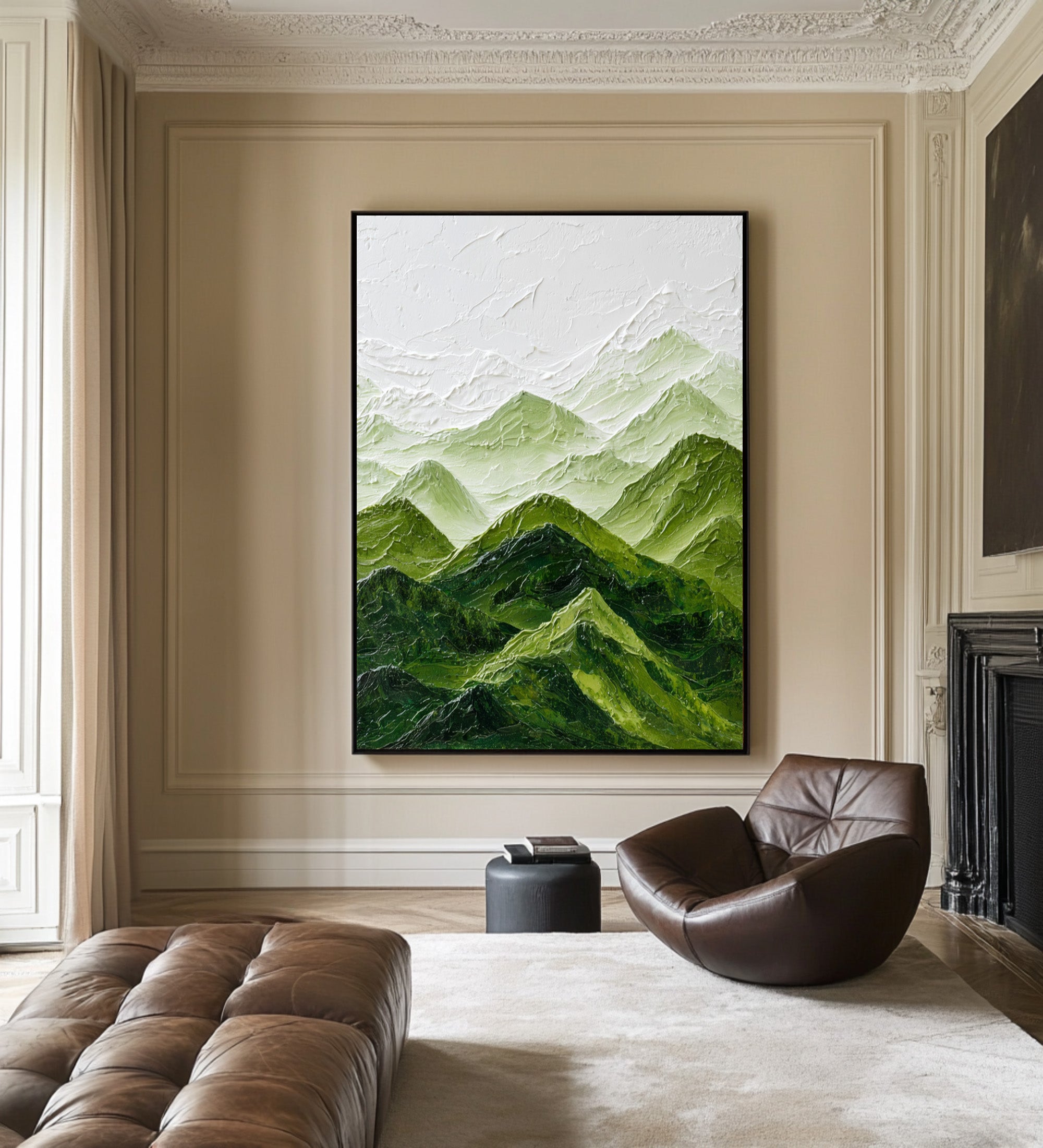 Large Abstract Oil Painting Mountain Landscape, Green Calm Wall Art for Home Decor | ArtvistaGallery #WGA 006