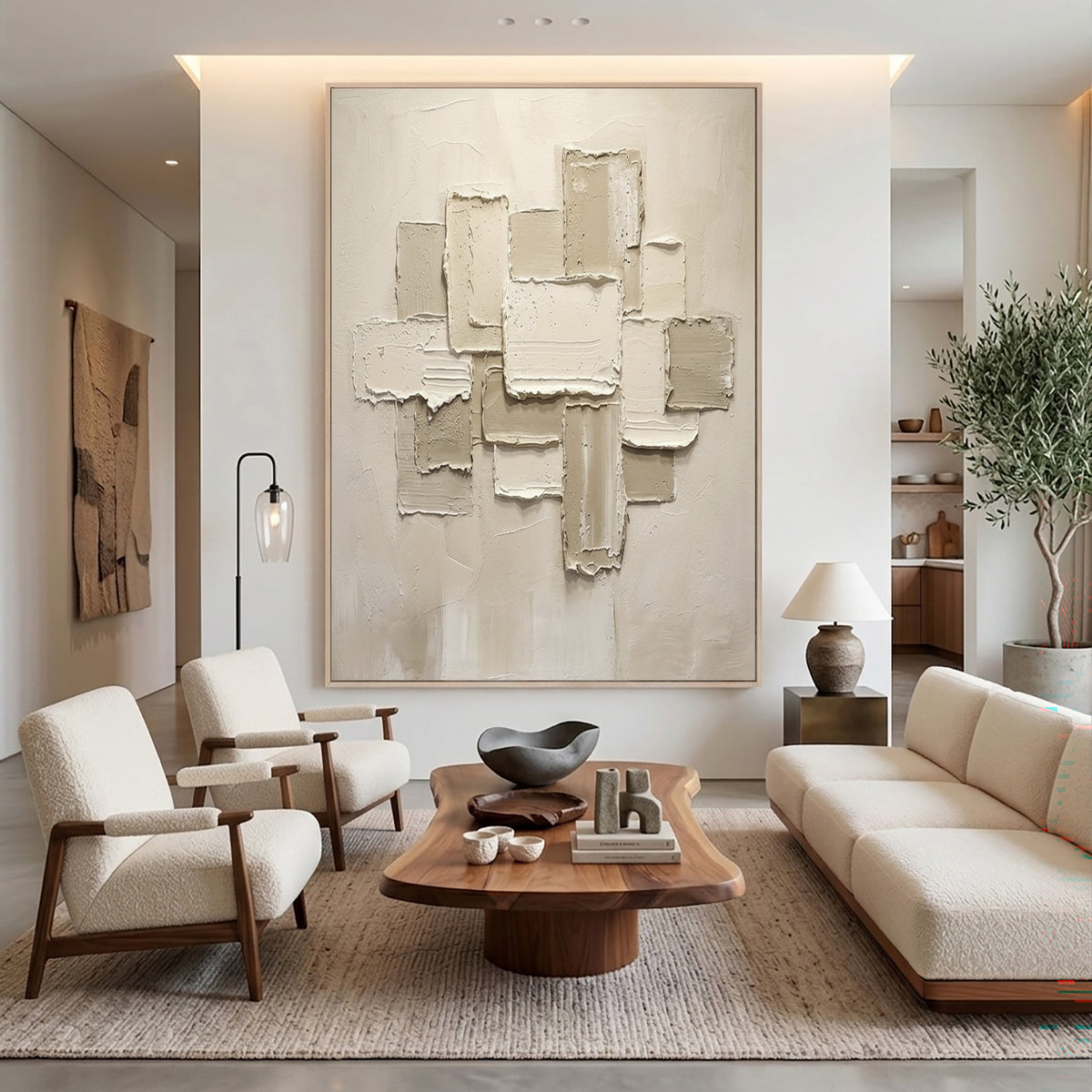 Large Minimalist White Abstract Relief Wall Art Textured Oil Painting 3D Geometric Sculptural Artwork Modern Luxury Living Room Decor