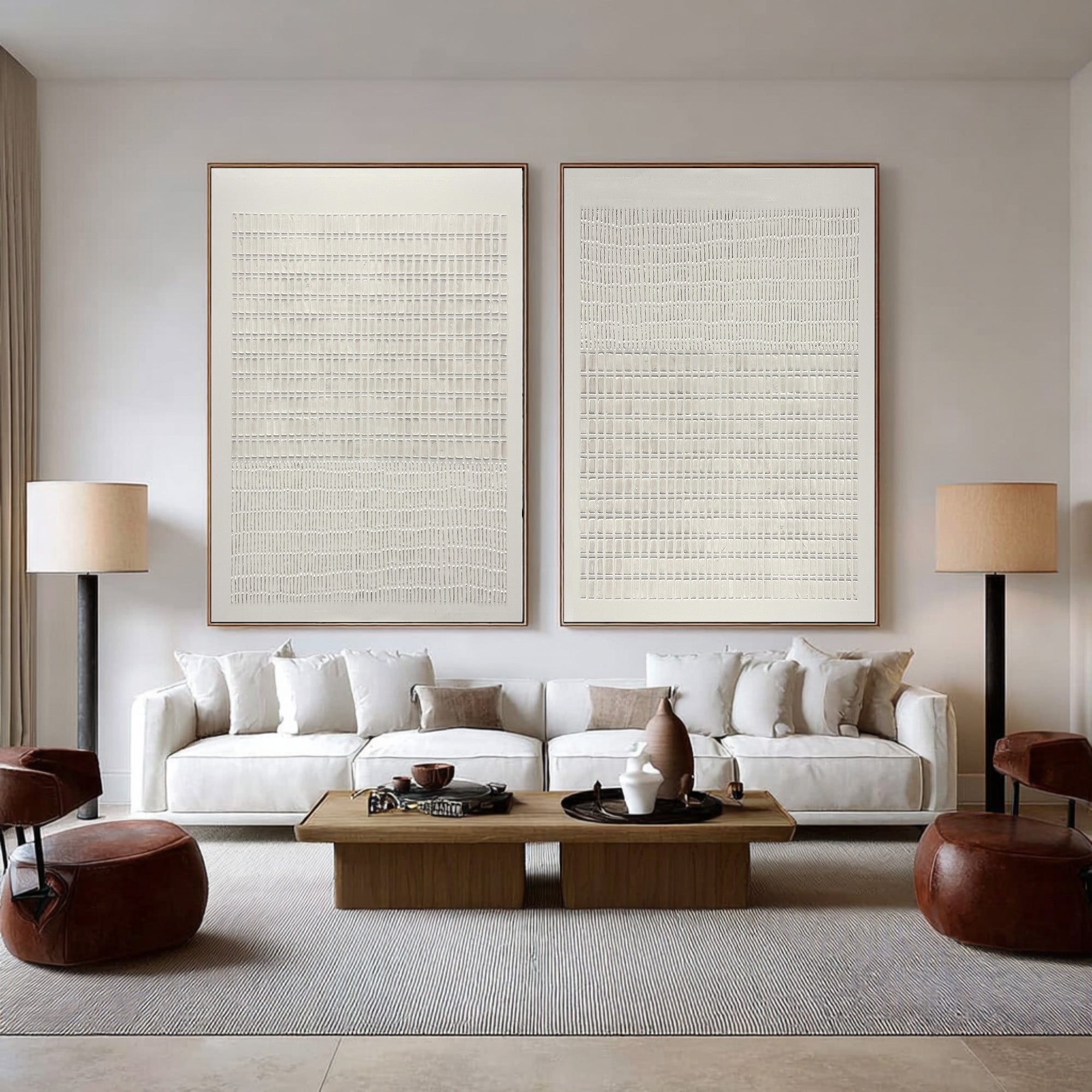 Large Abstract Oil Painting Beige Textured Grid Art Set, Minimal Wall Art for Living Room | ArtvistaGallery #WAB 019