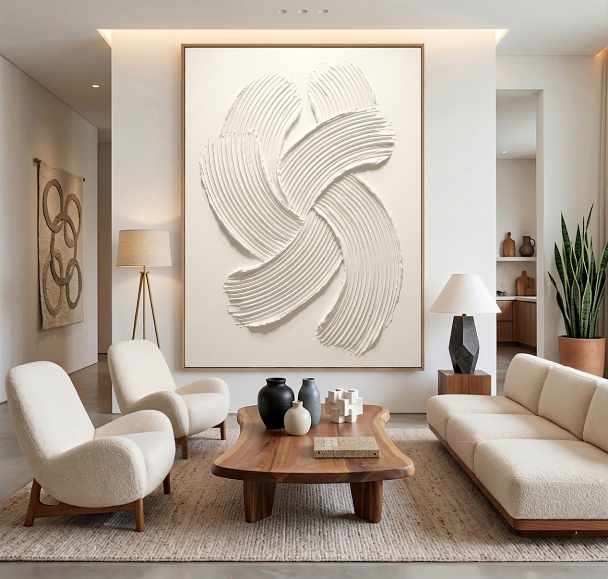 Soft Spiral Sculptural White Abstract Painting Handmade Textured Relief Minimalist Contemporary Wall Art