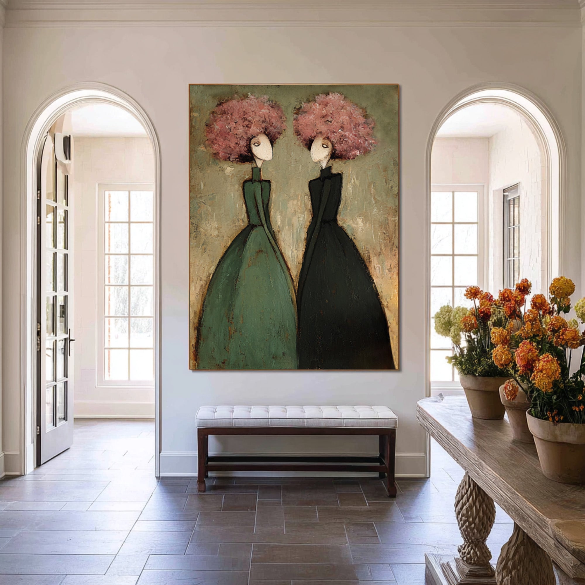 Large Contemporary Portrait Oil Painting – Modern Green and Pink Canvas Wall Art #WAB 035