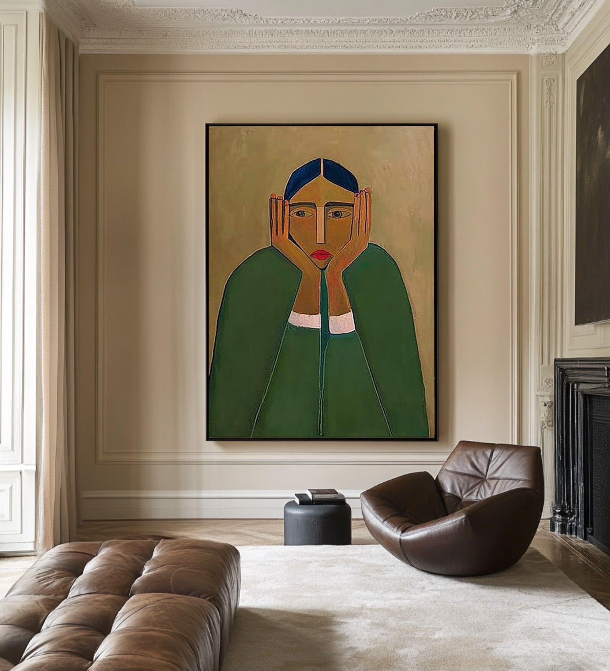 Large Abstract Portrait Oil Painting on Canvas – Statement Green Figurative Wall Art #WAB 032