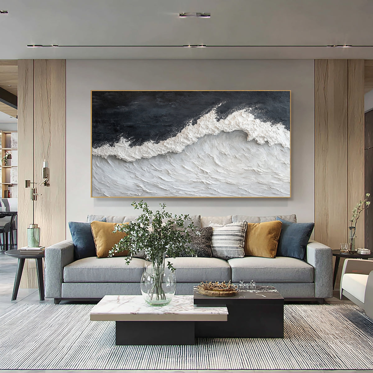 Dramatic Ocean Wave Textured Seascape Painting Handmade Coastal Wall Art Stormy Gray White Ocean Decor