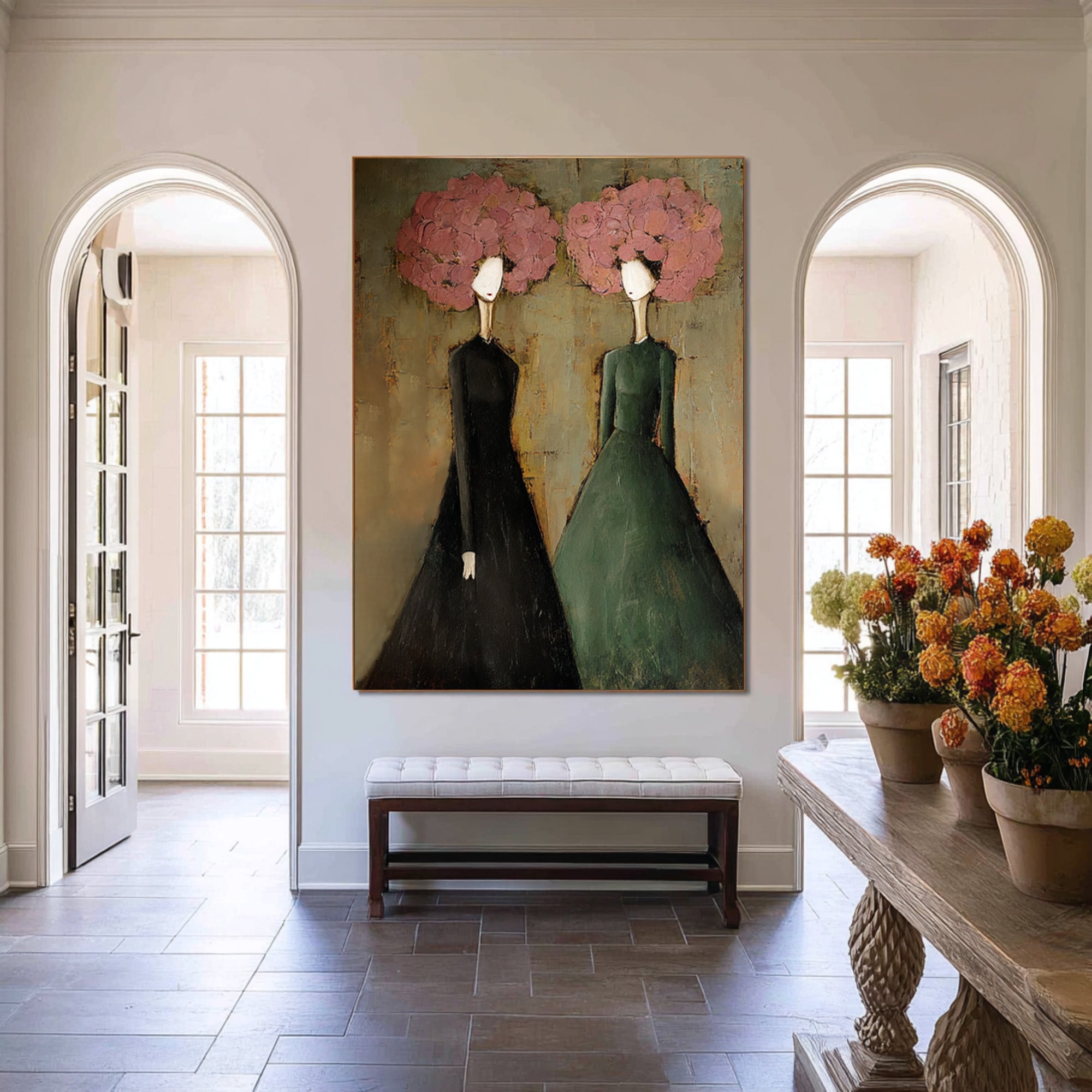 Large Modern Portrait Oil Painting on Canvas – Elegant Green Figurative Wall Art Decor #WAB 037