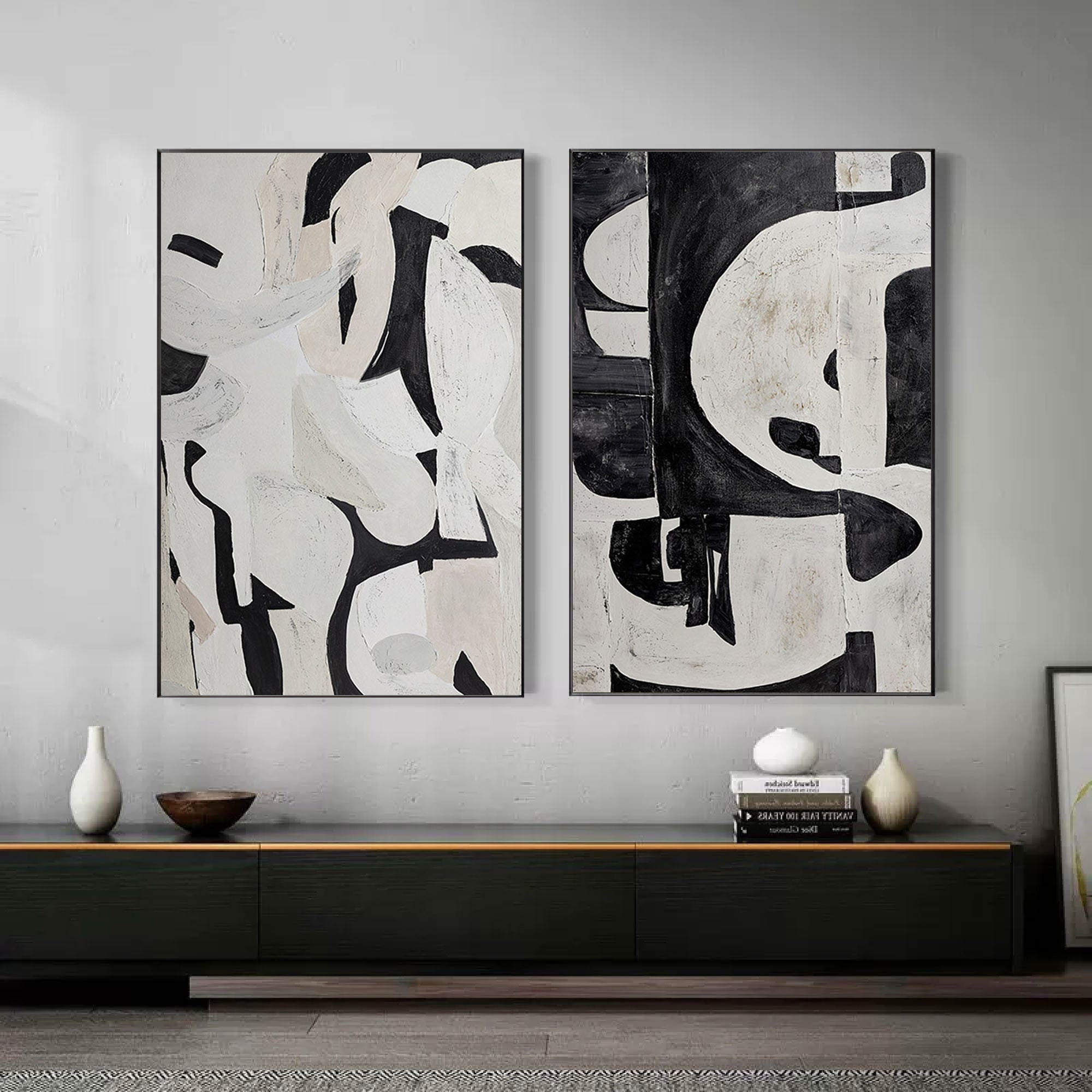 Black & White Abstract Painting SET OF 2 #LL 009