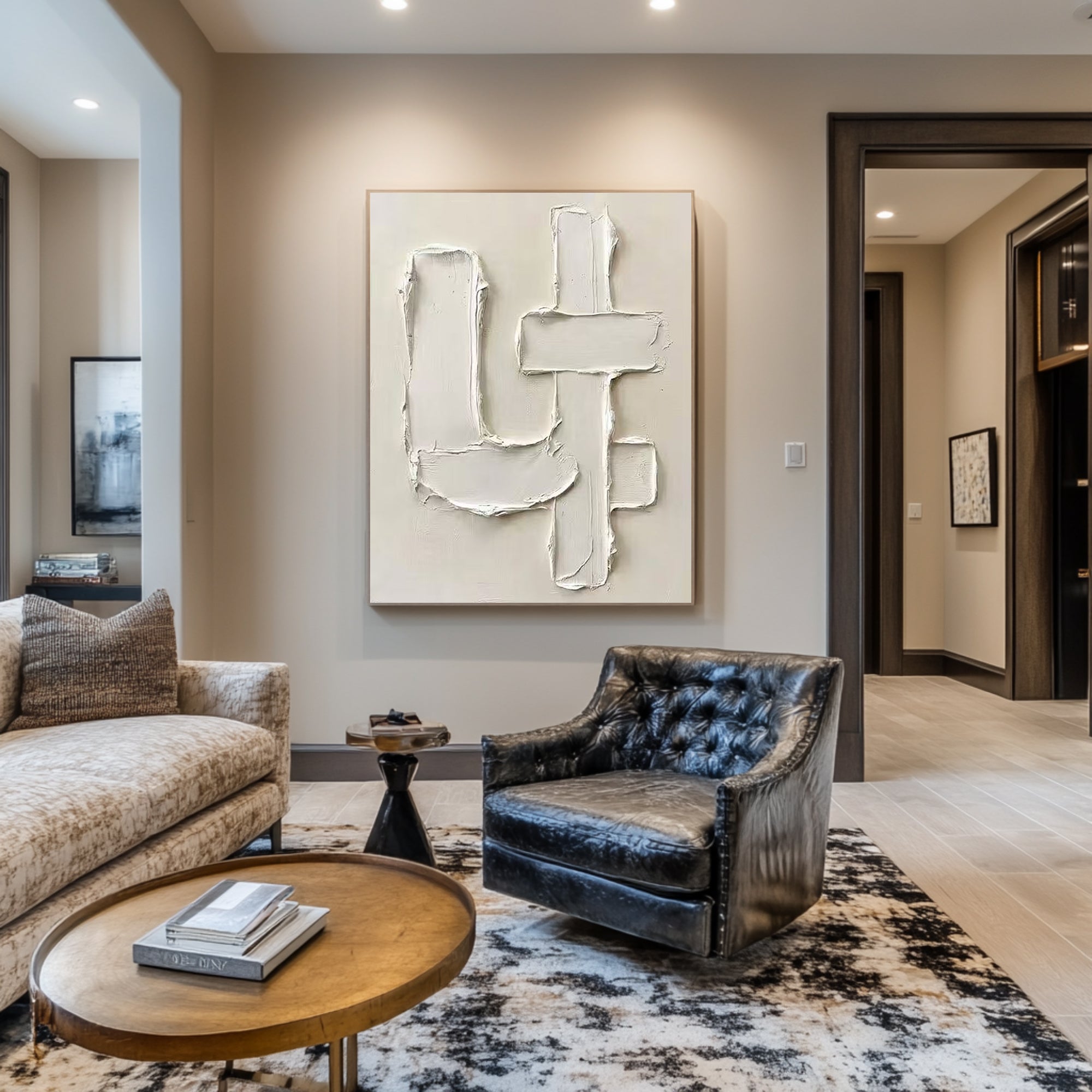 Large Neutral Relief Canvas Art with Modern Geometric Texture Design