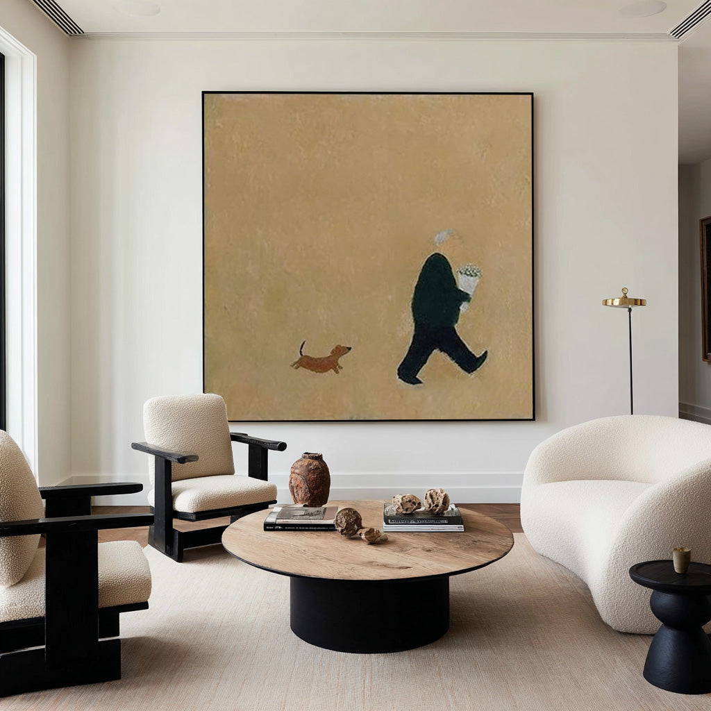 Large Abstract Oil Painting Figure and Dog, Minimal Warm Wall Art for Home Decor | ArtvistaGallery #WAB 015