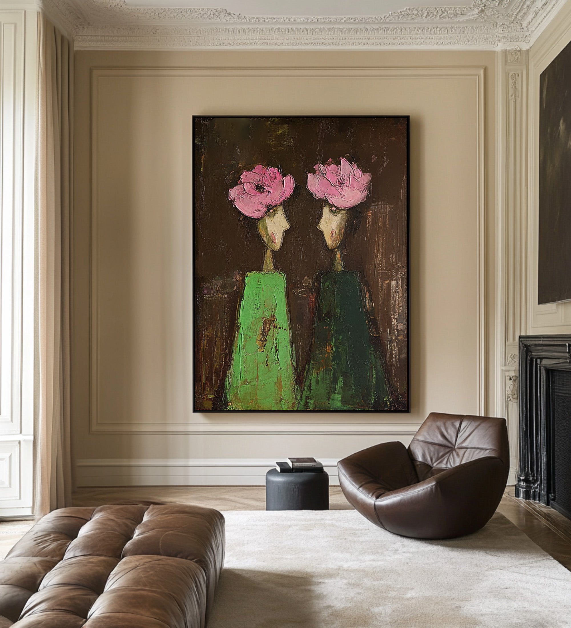Large Abstract Portrait Oil Painting – Dark Background Canvas Statement Art #WAB 040