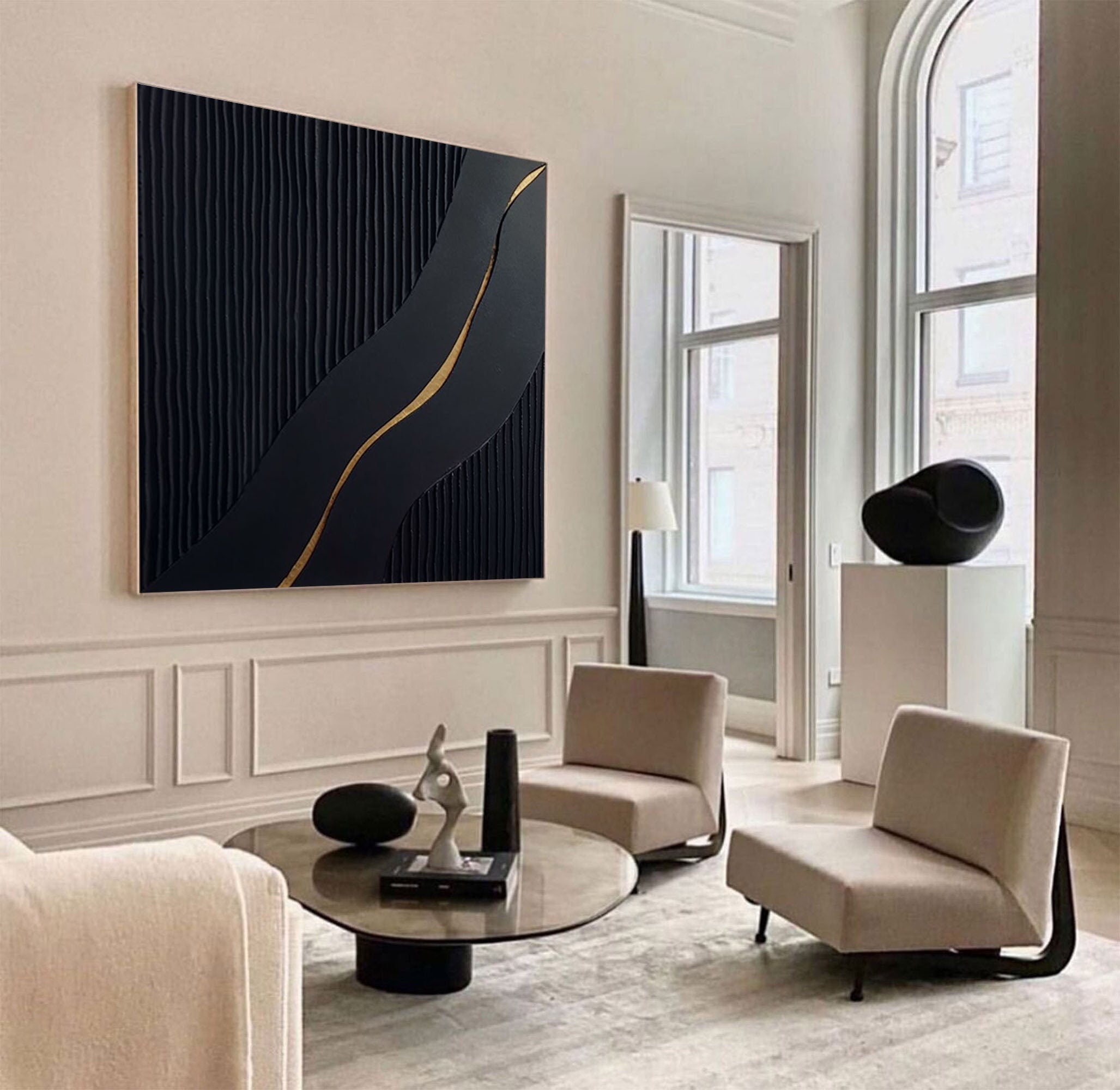 Black Modern Oil Painting Elegant Decor for Contemporary Interiors #BM 019