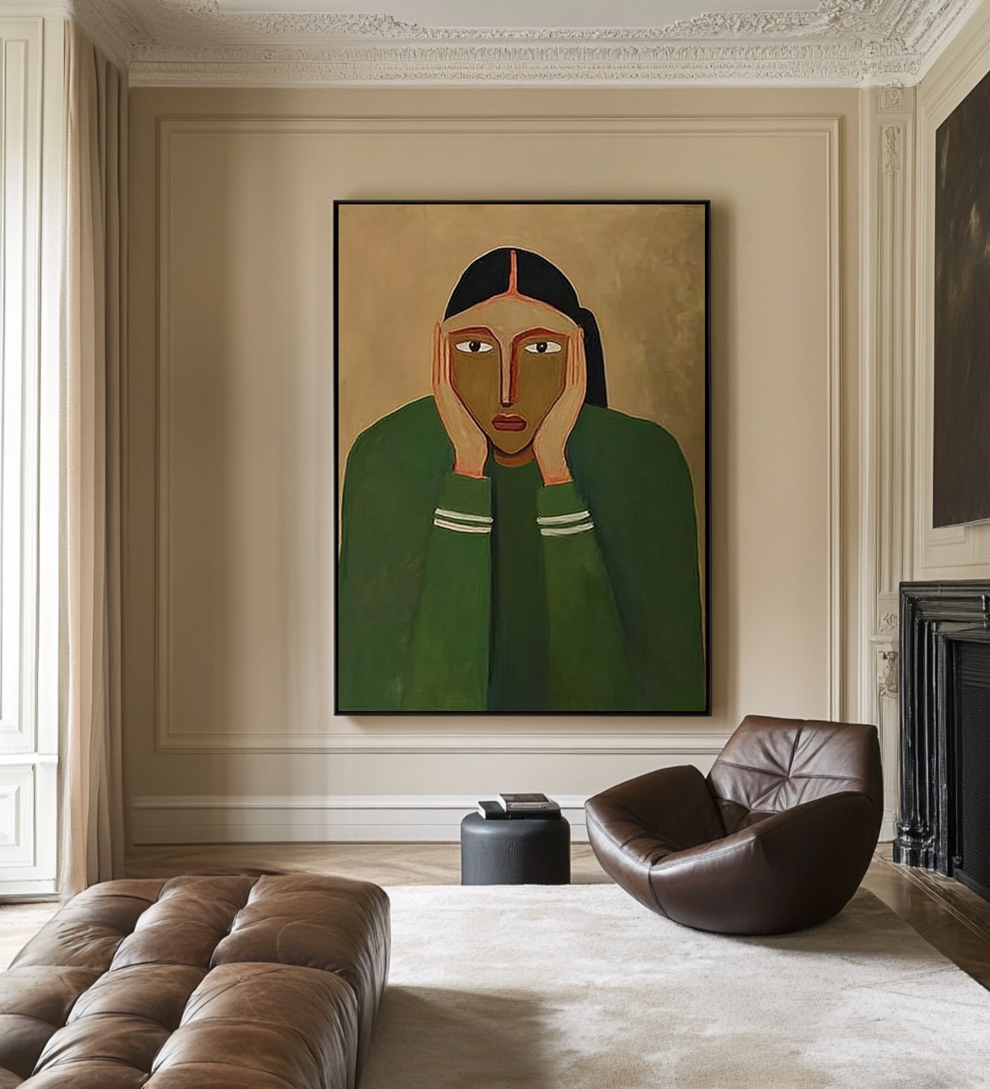 Large Abstract Portrait Oil Painting Green Tones, Emotional Modern Wall Art for Living Room #WAB-030