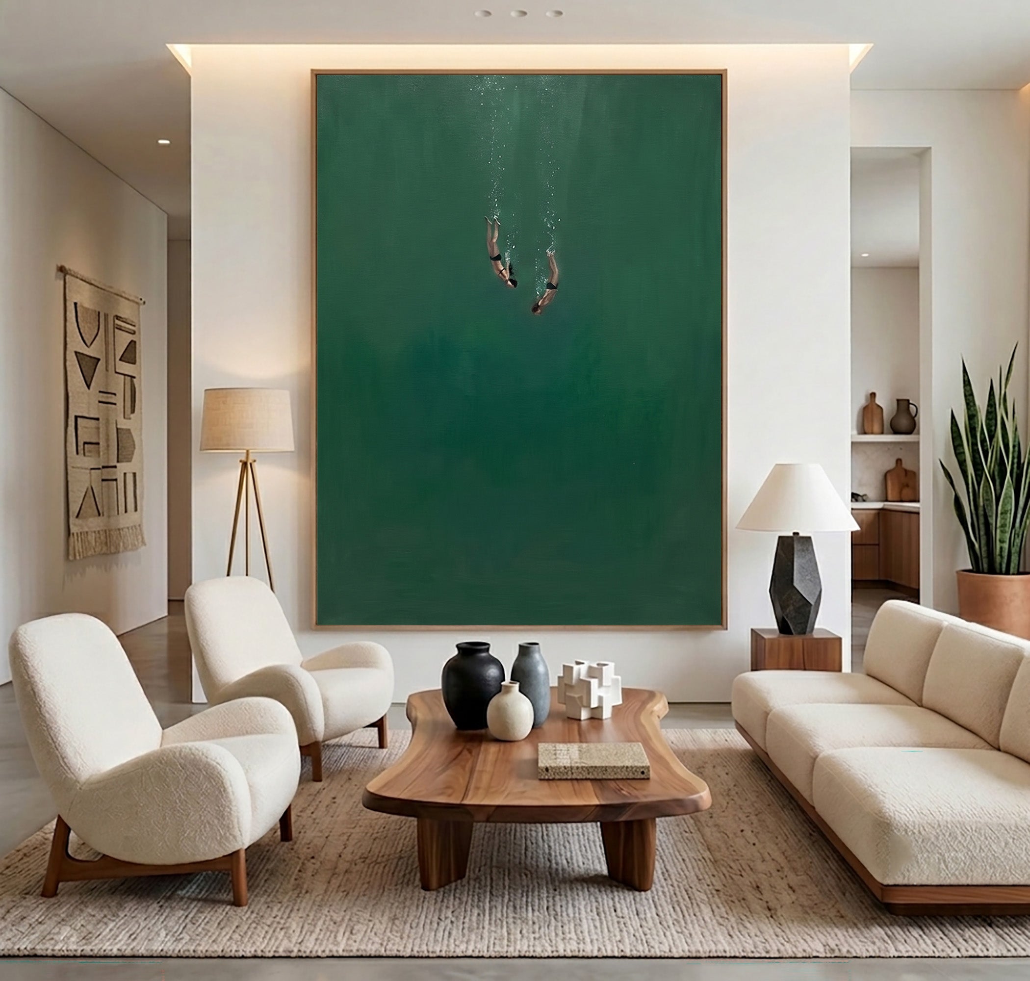 Large Minimalist Underwater Swimmer Wall Art Contemporary Ocean Oil Painting