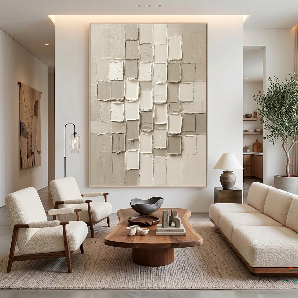 Large White Sculptural Relief Wall Art Modern 3D Textured Abstract Oil Painting Raised Geometric Blocks Minimalist Luxury Interior Decor