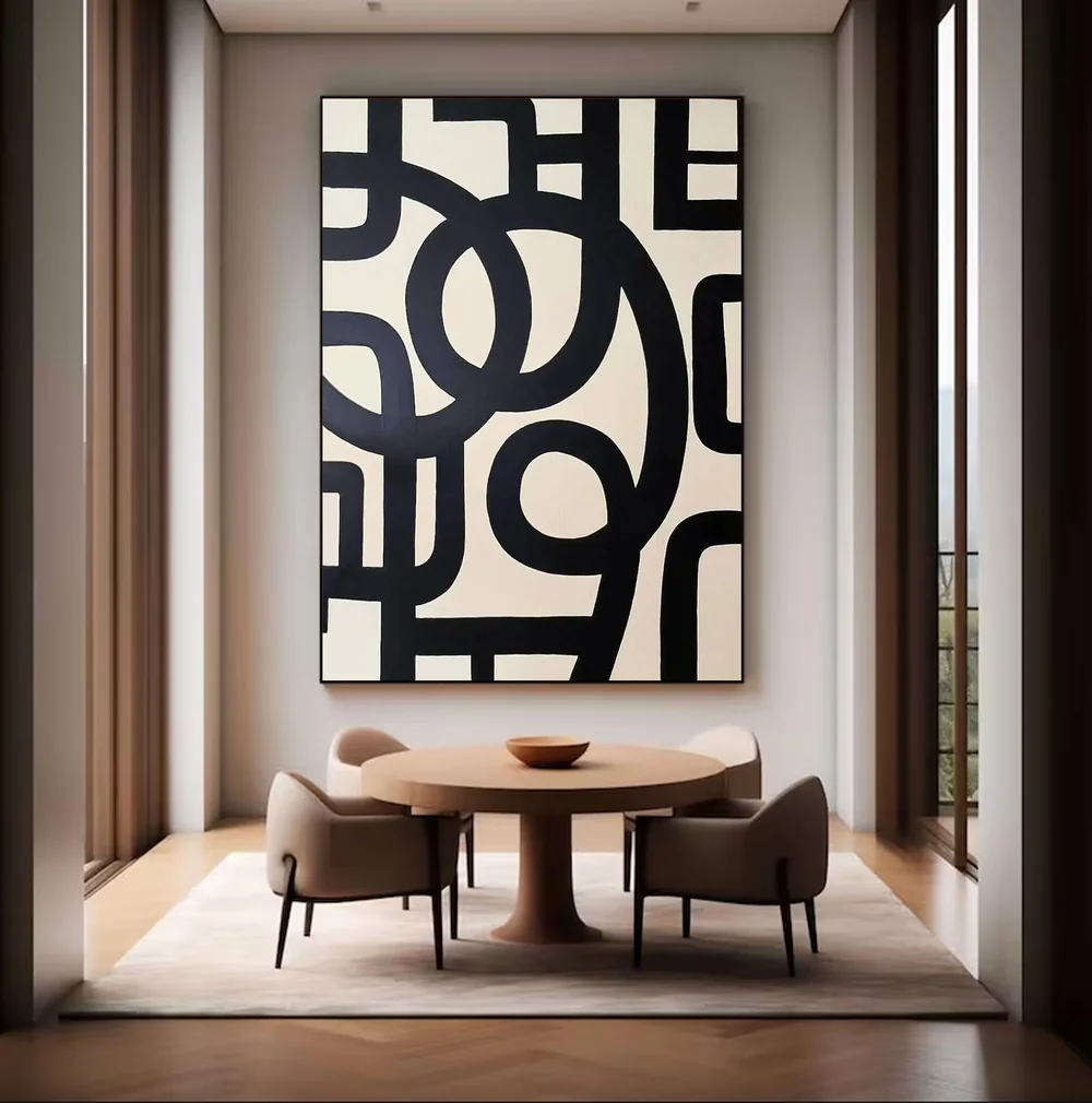 Large Abstract Oil Painting Black and White, Modern Geometric Wall Art for Living Room | ArtvistaGallery #WAB-031