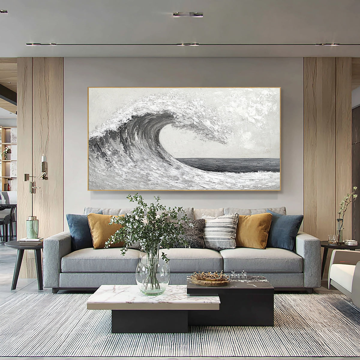 Textured Abstract Wave Monochrome Ocean Artwork Handmade Seascape Black White Gray Coastal Wall Art