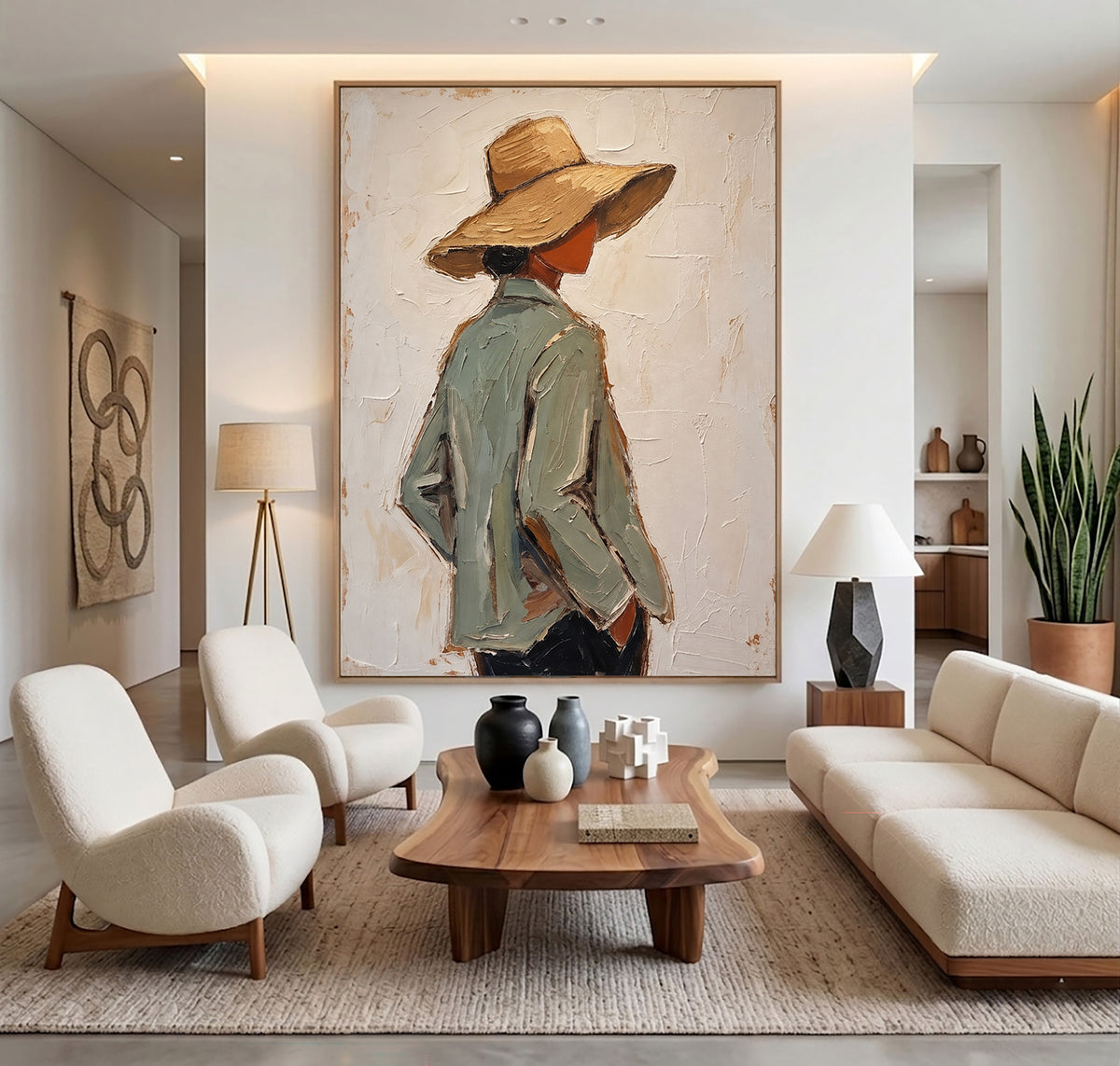 Textured Woman Portrait Sage Green Jacket Straw Hat Painting