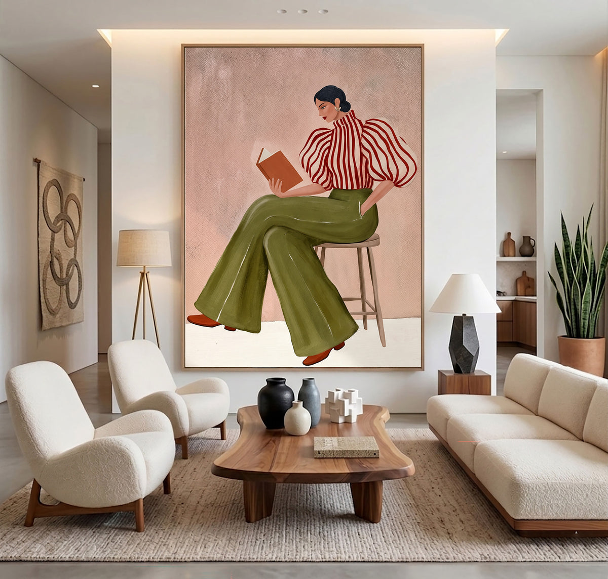 Fashion Woman Reading Book Striped Blouse Olive Green Pants Painting