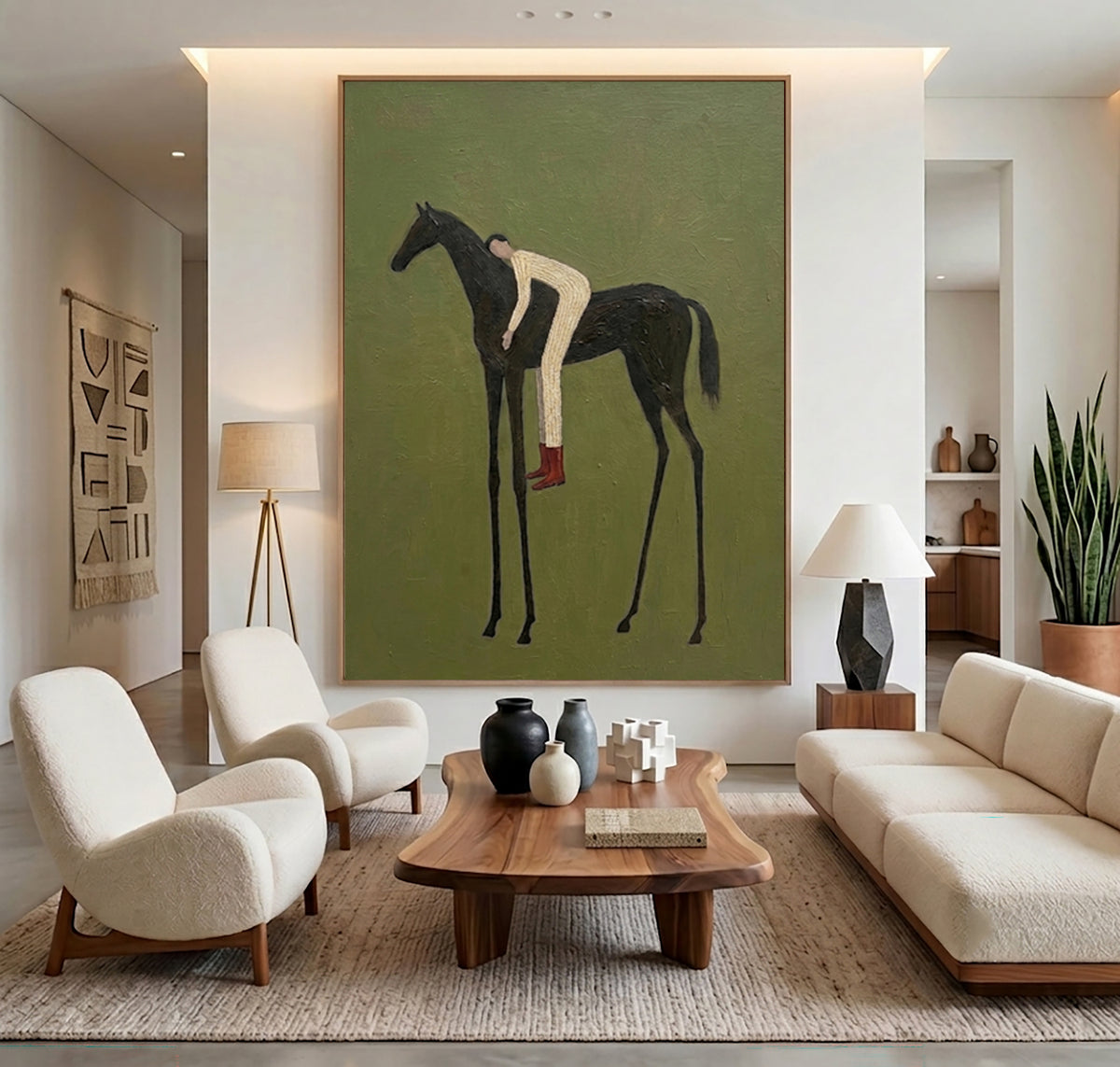 Large Olive Green Equestrian Wall Art Horse Rider Oil Painting Cowboy Cowgirl Inspired Western Americana Artwork Modern Home Decor
