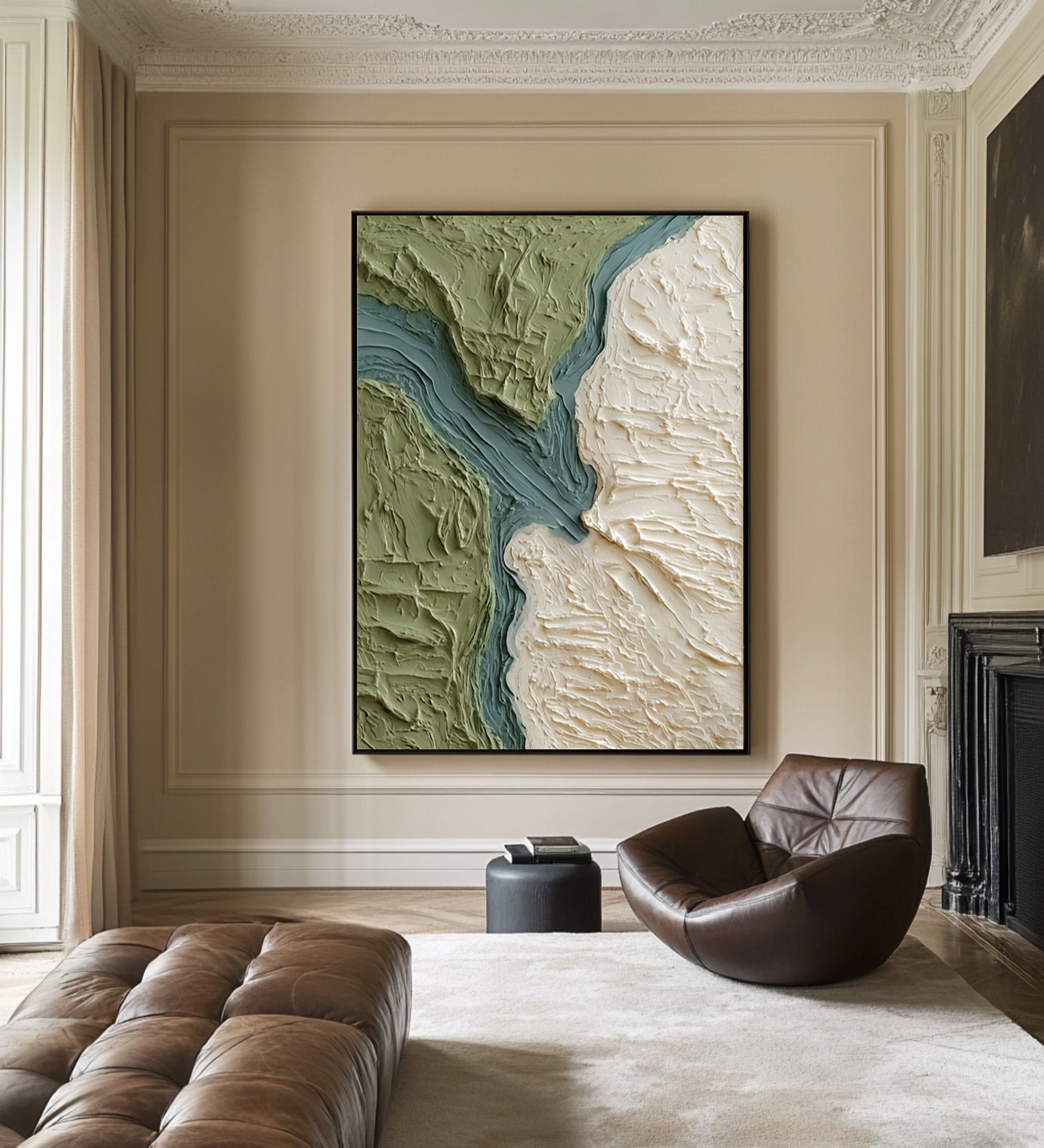 Large Abstract Oil Painting Green Terrain Art, Organic Textured Wall Art for Living Room | ArtvistaGallery #WAB 028