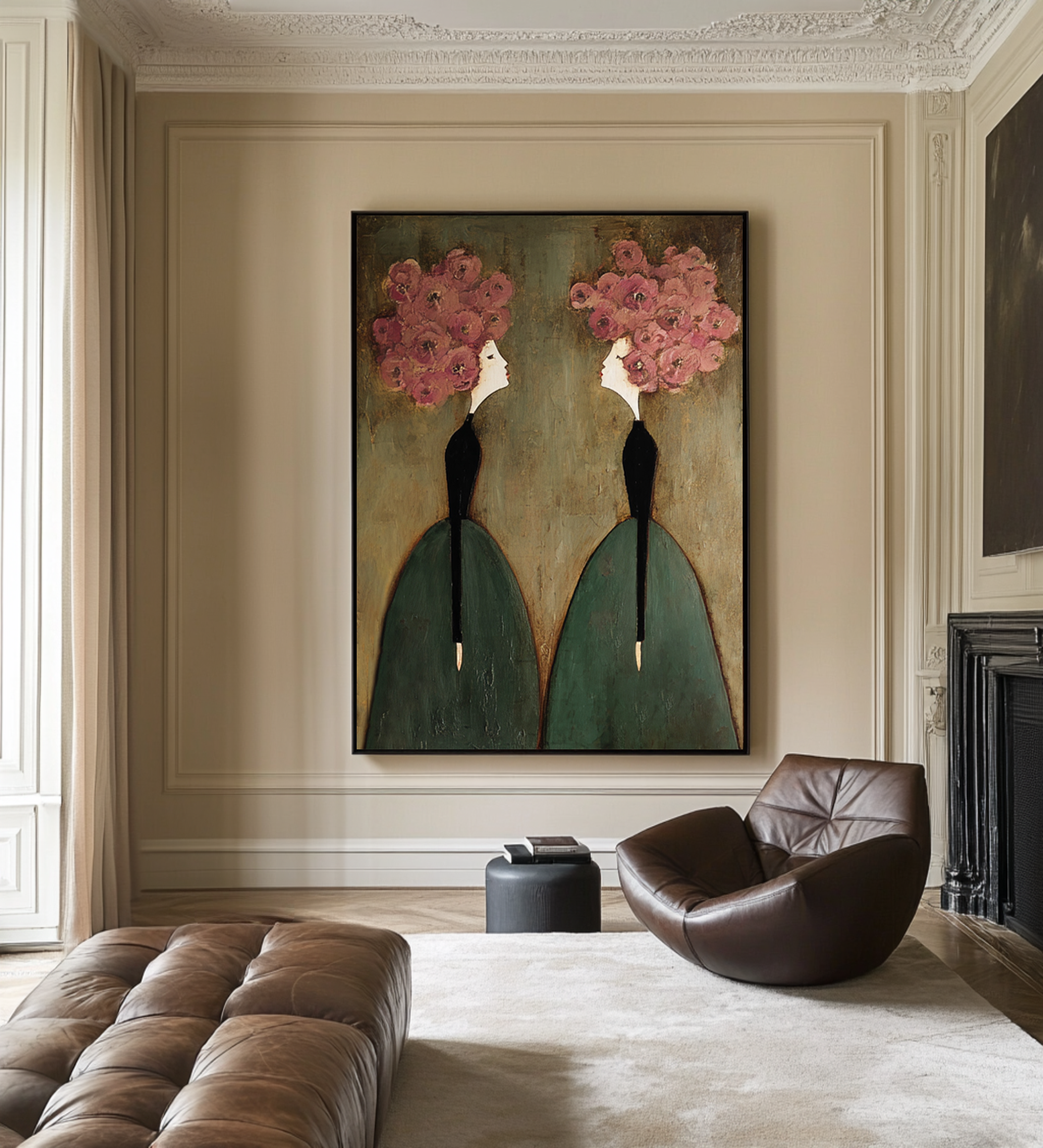 Large Floral Figurative Wall Art Elegant Women Canvas Painting