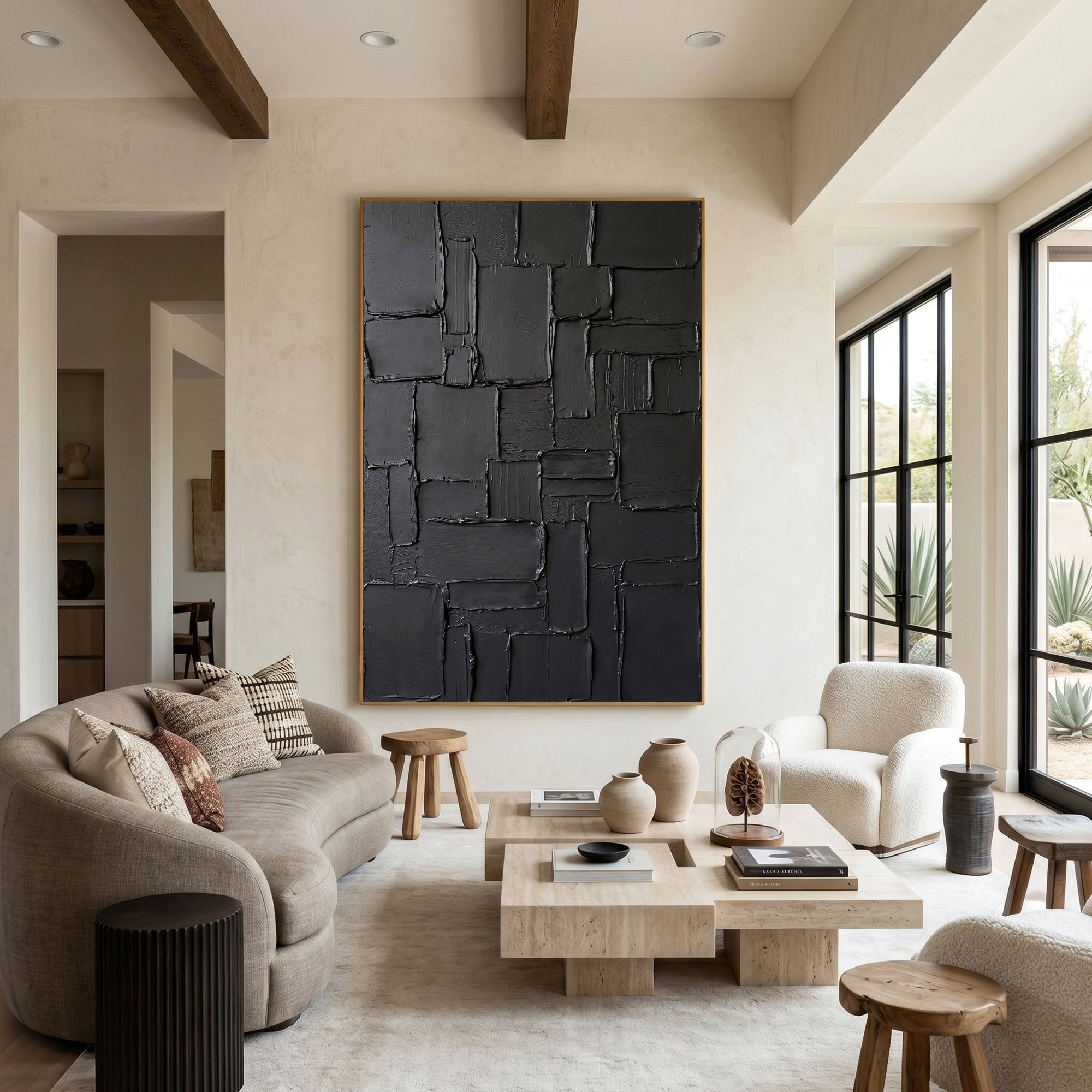 Large Black Textured Wall Art Abstract Oil Painting Modern Impasto Minimalist Contemporary Luxury Decor