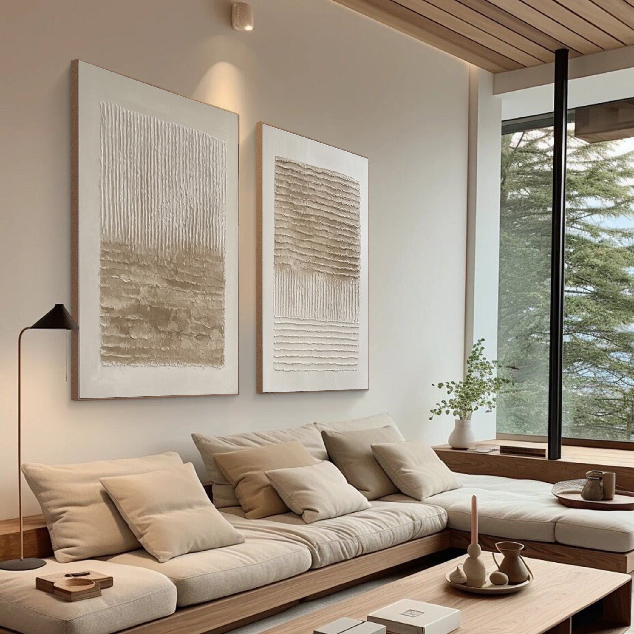 Modern Minimalist Set of Two with Sculpted Neutral Striations #BGA 194