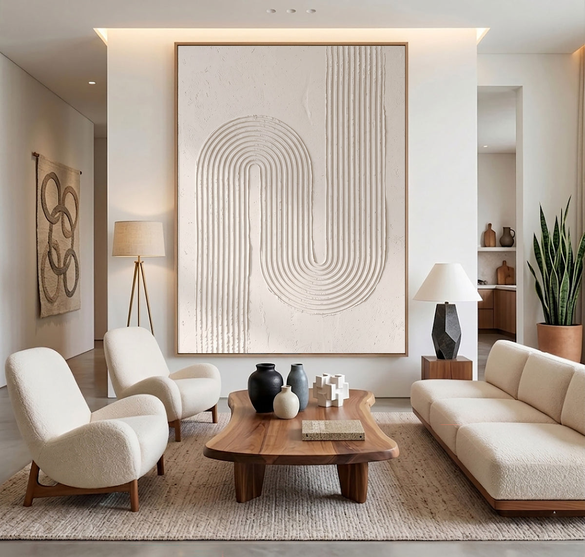 Continuous Lines Sculptural Minimalist Wall Artwork Handmade Textured Abstract Painting Neutral Modern Decor