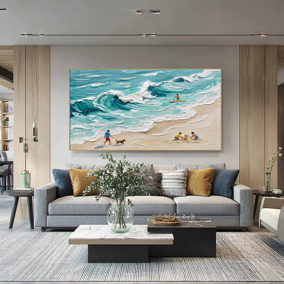 Large Textured Oil Painting Turquoise Ocean Waves Beach Family Coastal Wall Art
