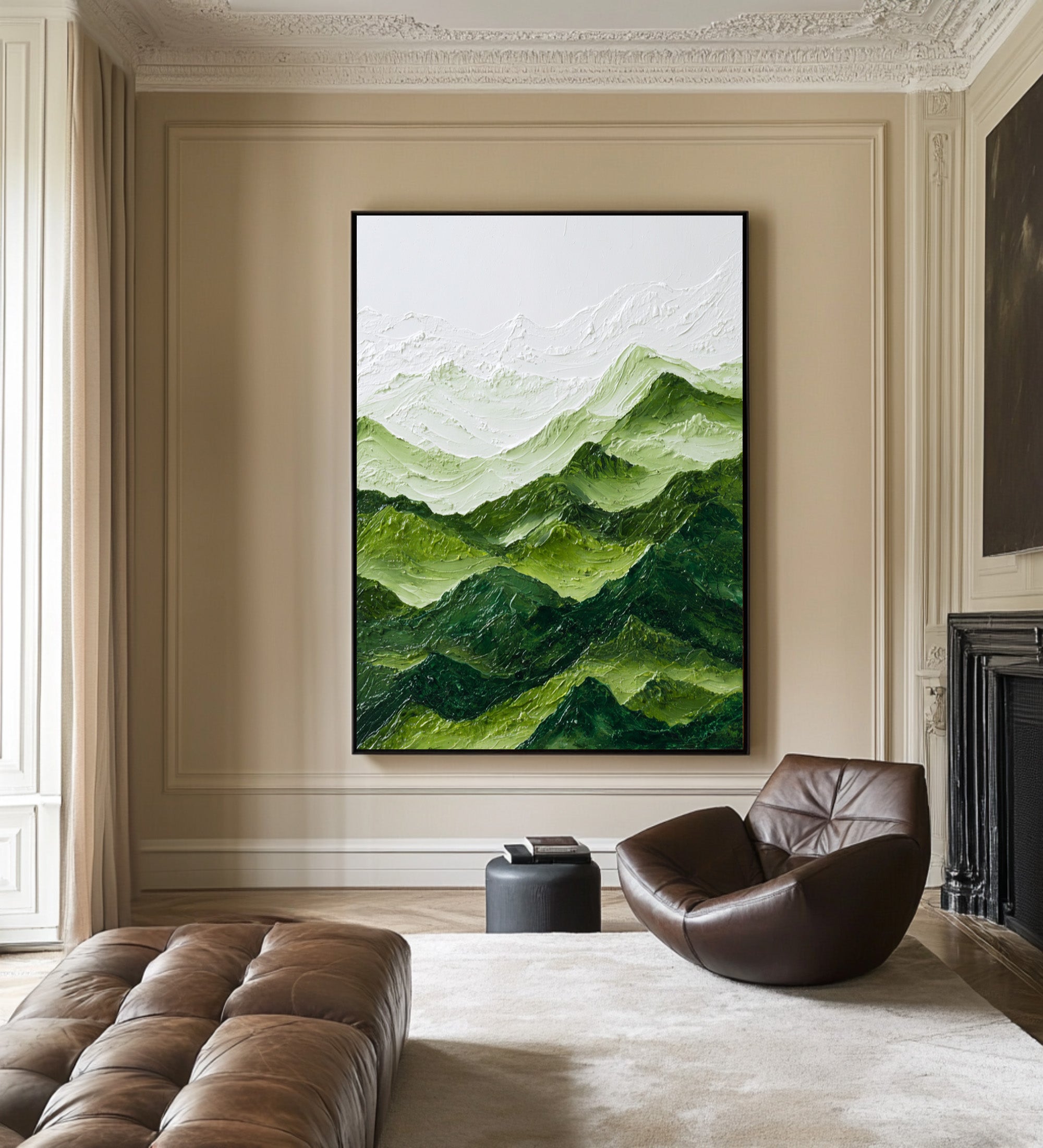 Large Abstract Oil Painting Green Mountain Landscape, Textured Modern Wall Art for Living Room | ArtvistaGallery #WAB 005
