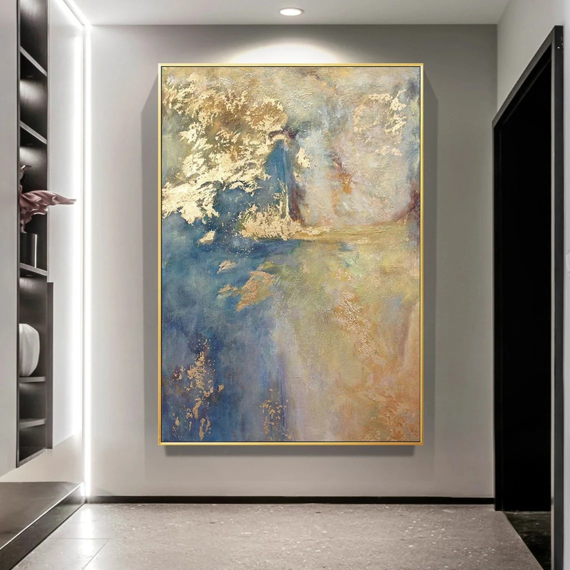 Light Blue and Gold Abstract Wall Art with Metallic Accents #BGA 092