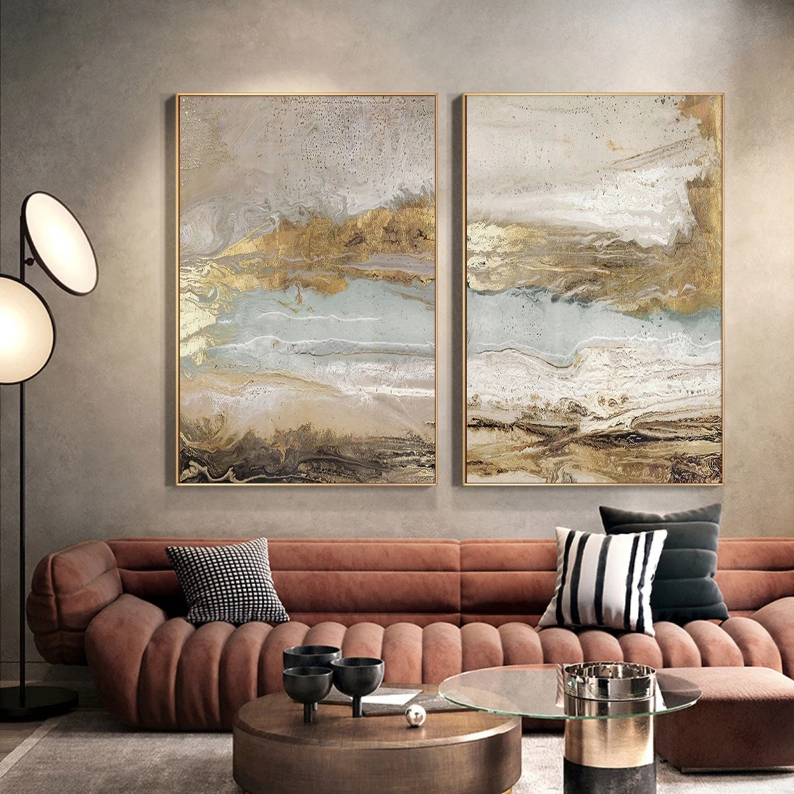 Modern Abstract Landscapes, Neutral Canvas With Gold #BGA 108